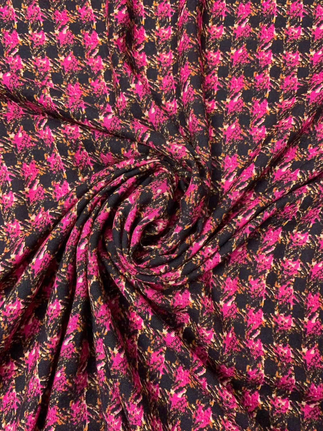 Abstract Houndstooth Printed Wool Challis - Magenta / Black / Orange