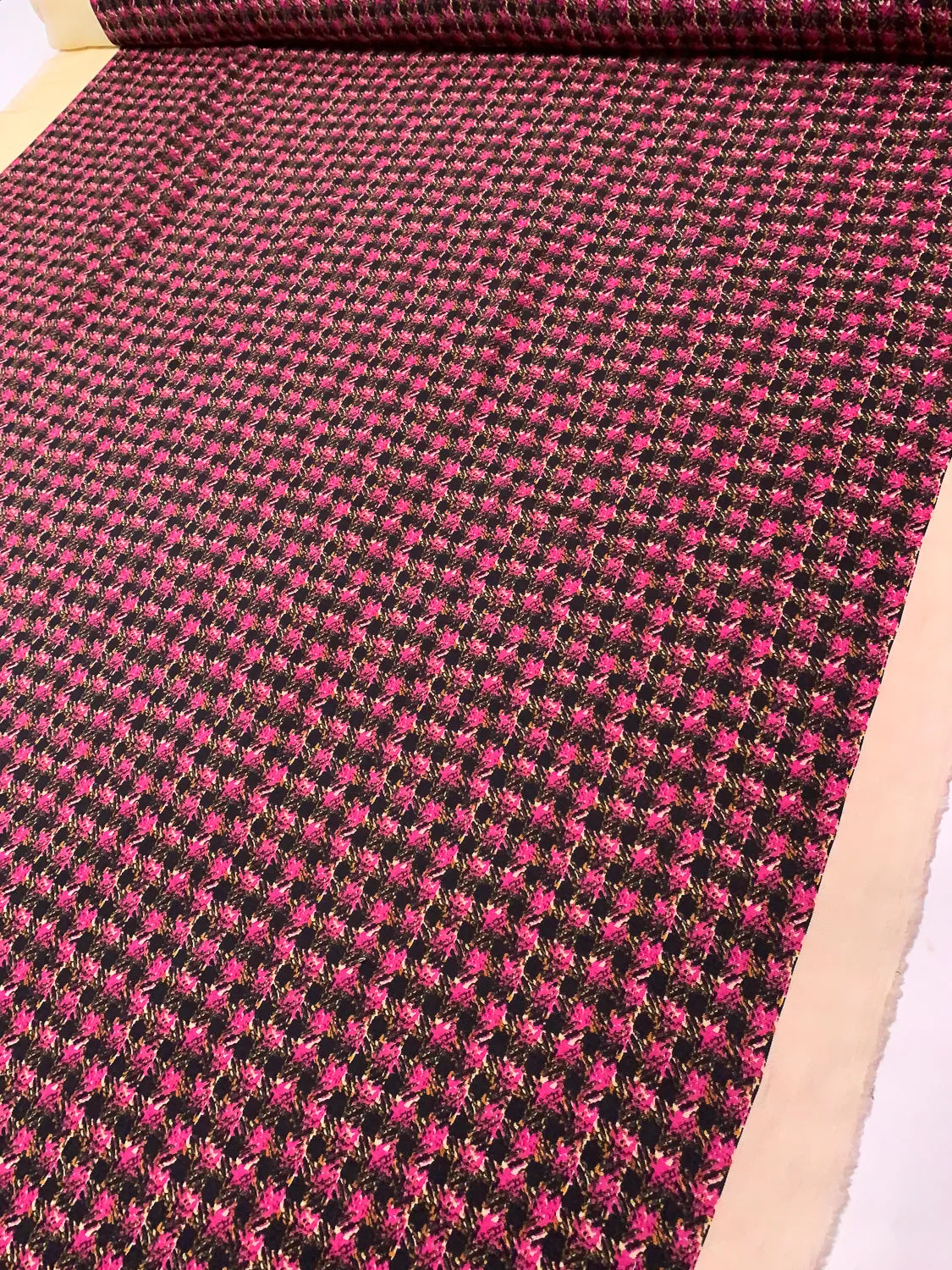 Abstract Houndstooth Printed Wool Challis - Magenta / Black / Orange