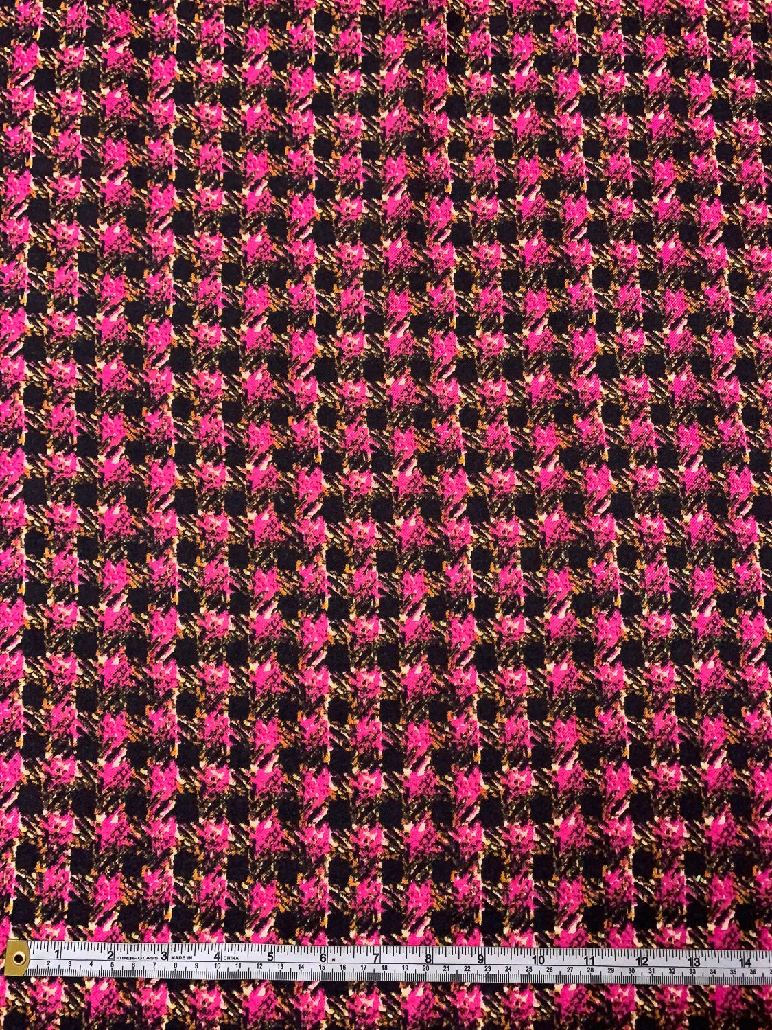 Abstract Houndstooth Printed Wool Challis - Magenta / Black / Orange