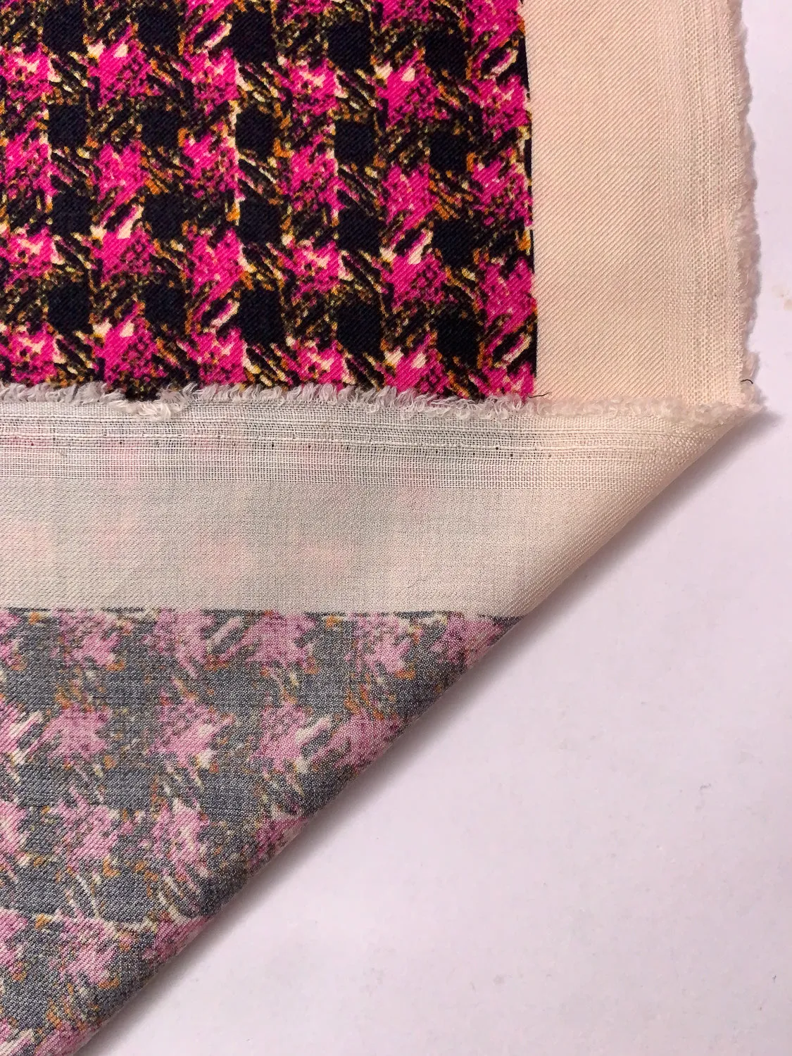 Abstract Houndstooth Printed Wool Challis - Magenta / Black / Orange