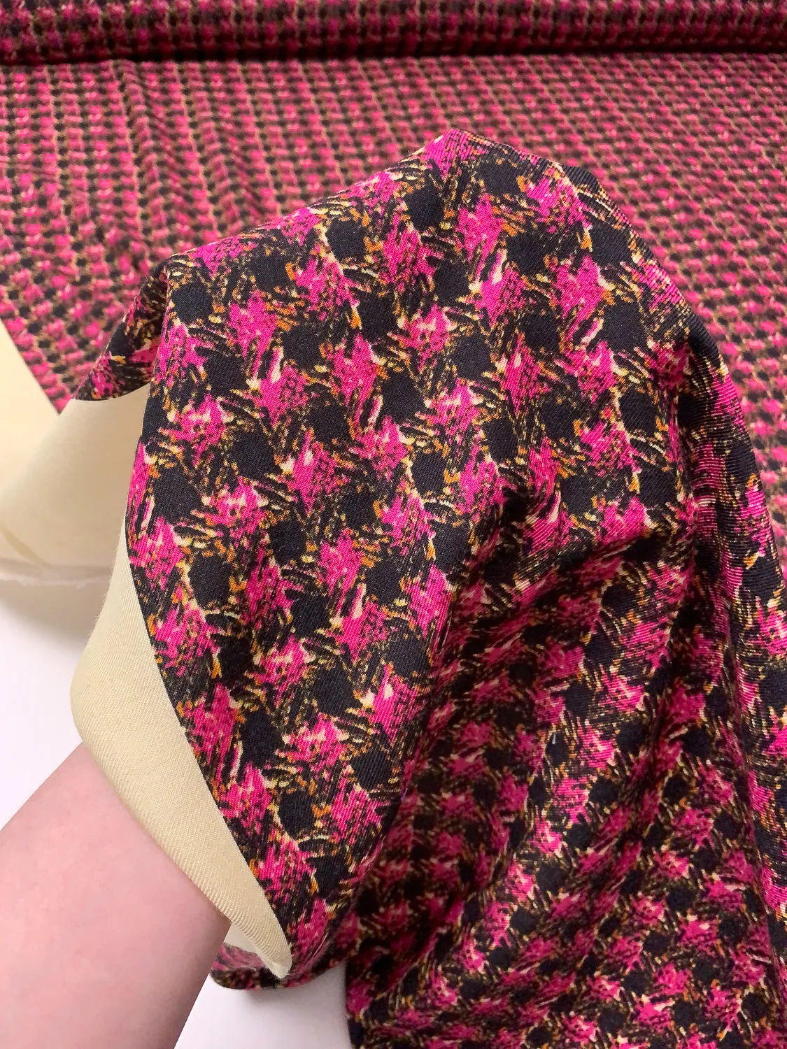 Abstract Houndstooth Printed Wool Challis - Magenta / Black / Orange