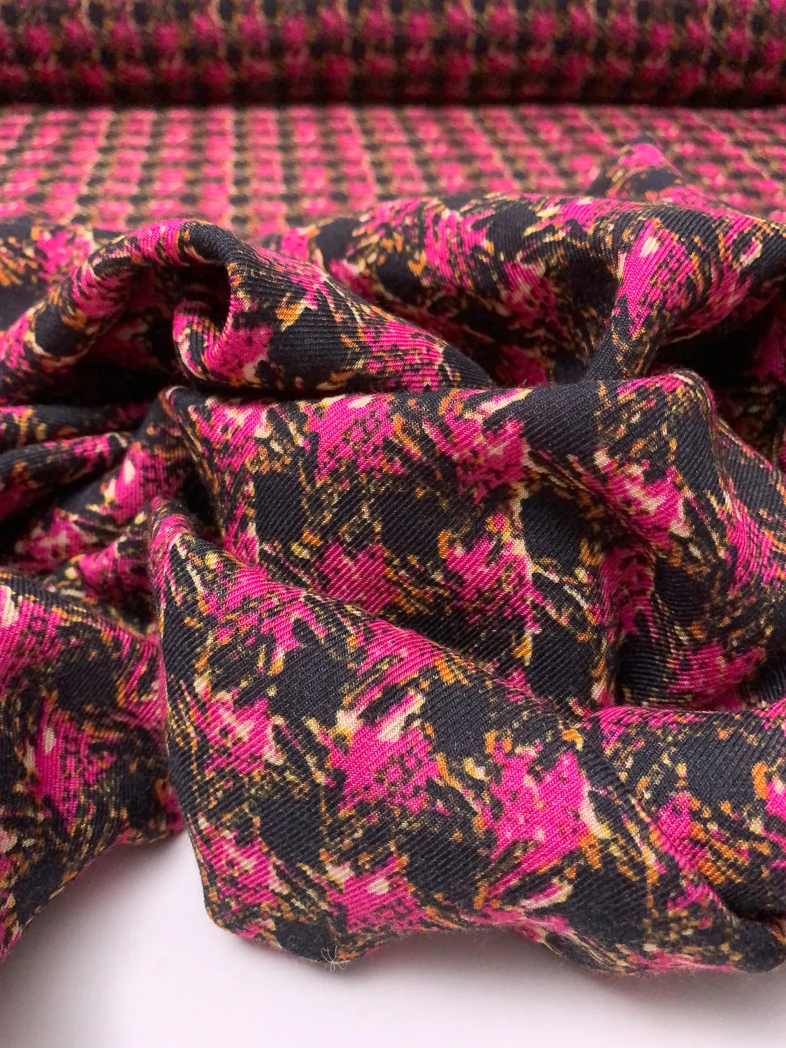 Abstract Houndstooth Printed Wool Challis - Magenta / Black / Orange