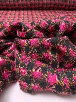 Abstract Houndstooth Printed Wool Challis - Magenta / Black / Orange