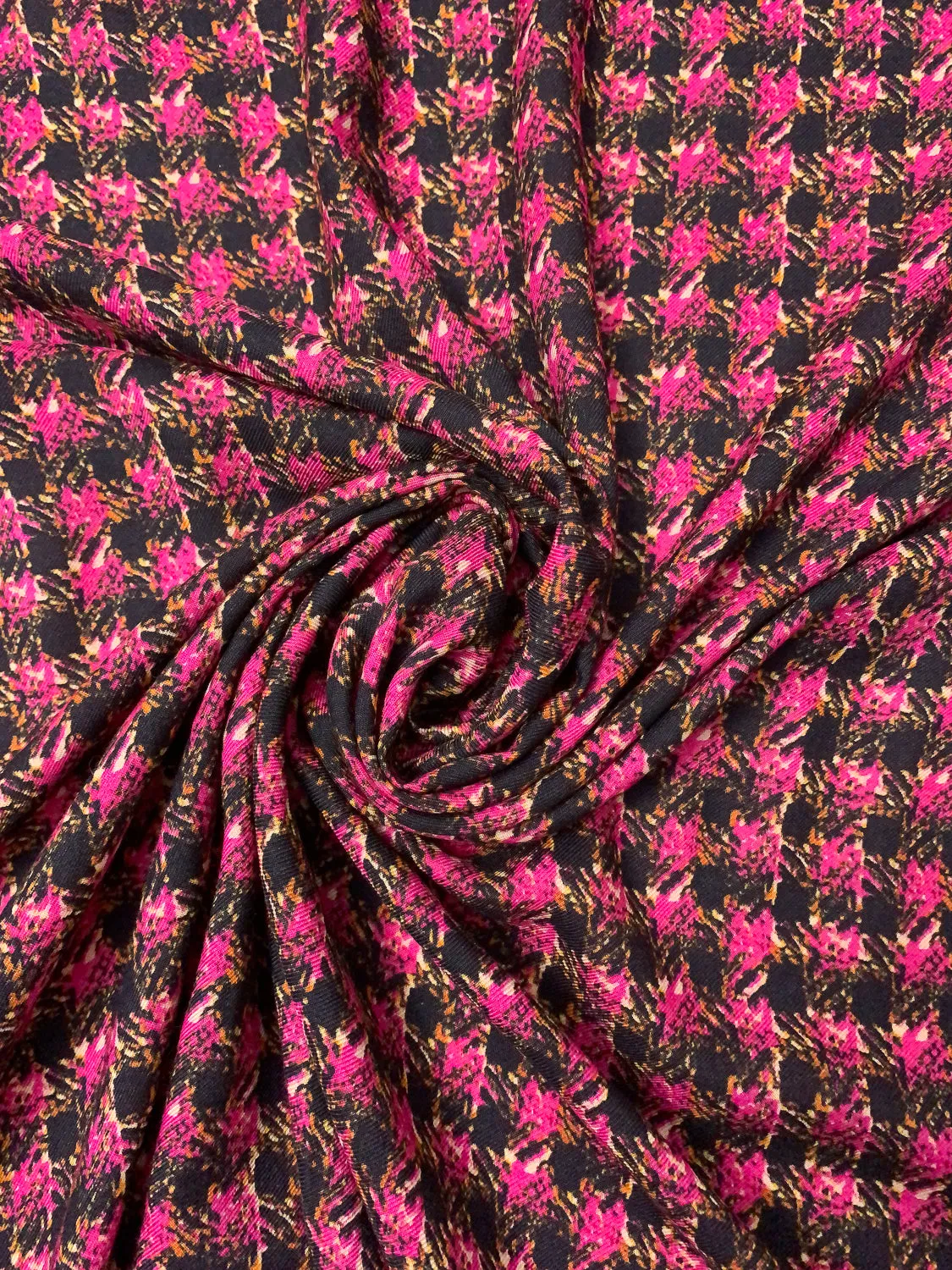 Abstract Houndstooth Printed Wool Challis - Magenta / Black / Orange