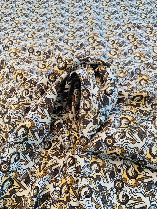 Art Deco Abstract Printed Stretch Silk Crepe - Shades of Brown / Grey