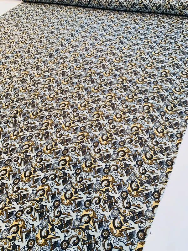 Art Deco Abstract Printed Stretch Silk Crepe - Shades of Brown / Grey