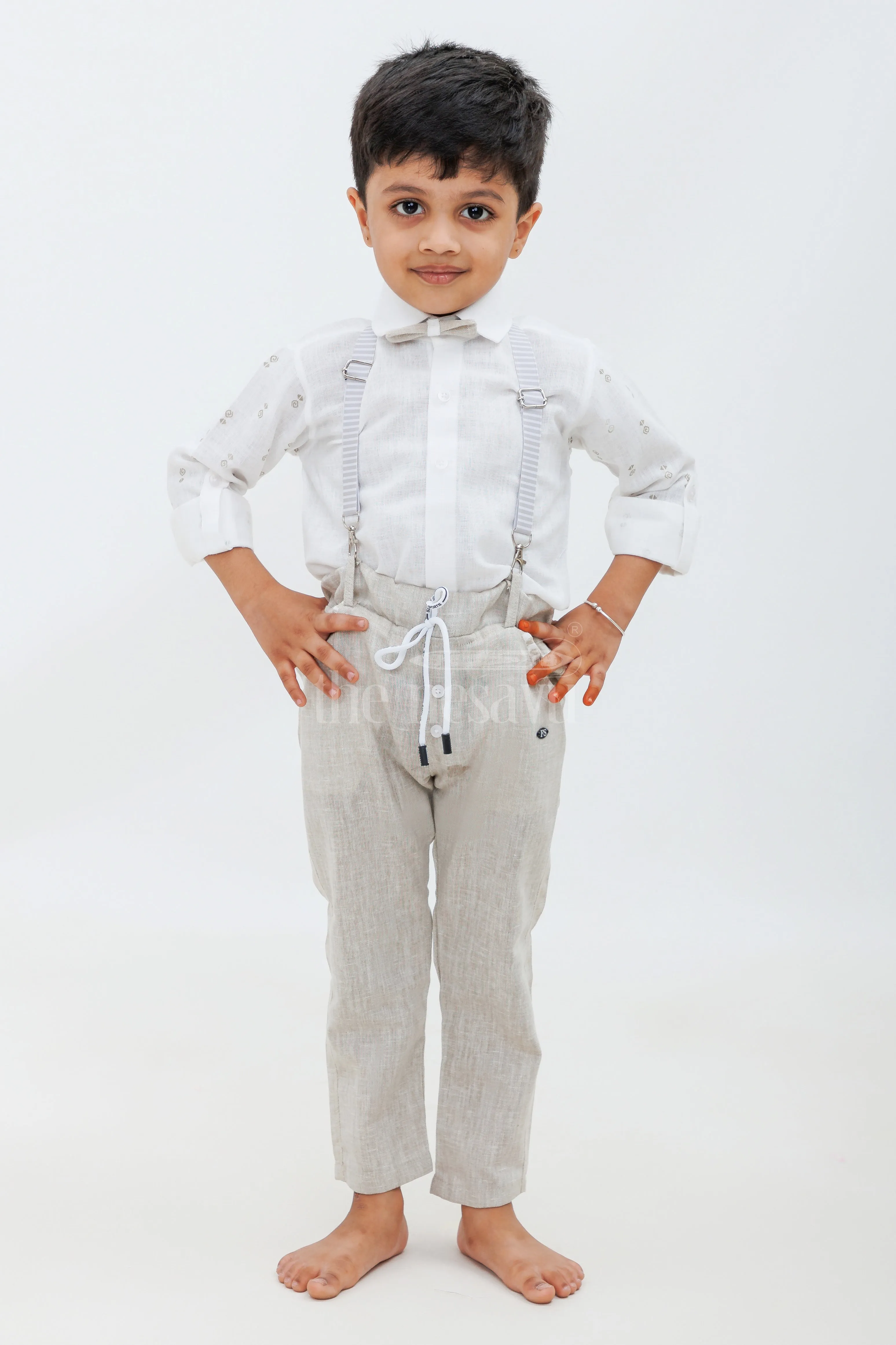Beige Boys Waistcoat and Pant Set with Striped Shirt