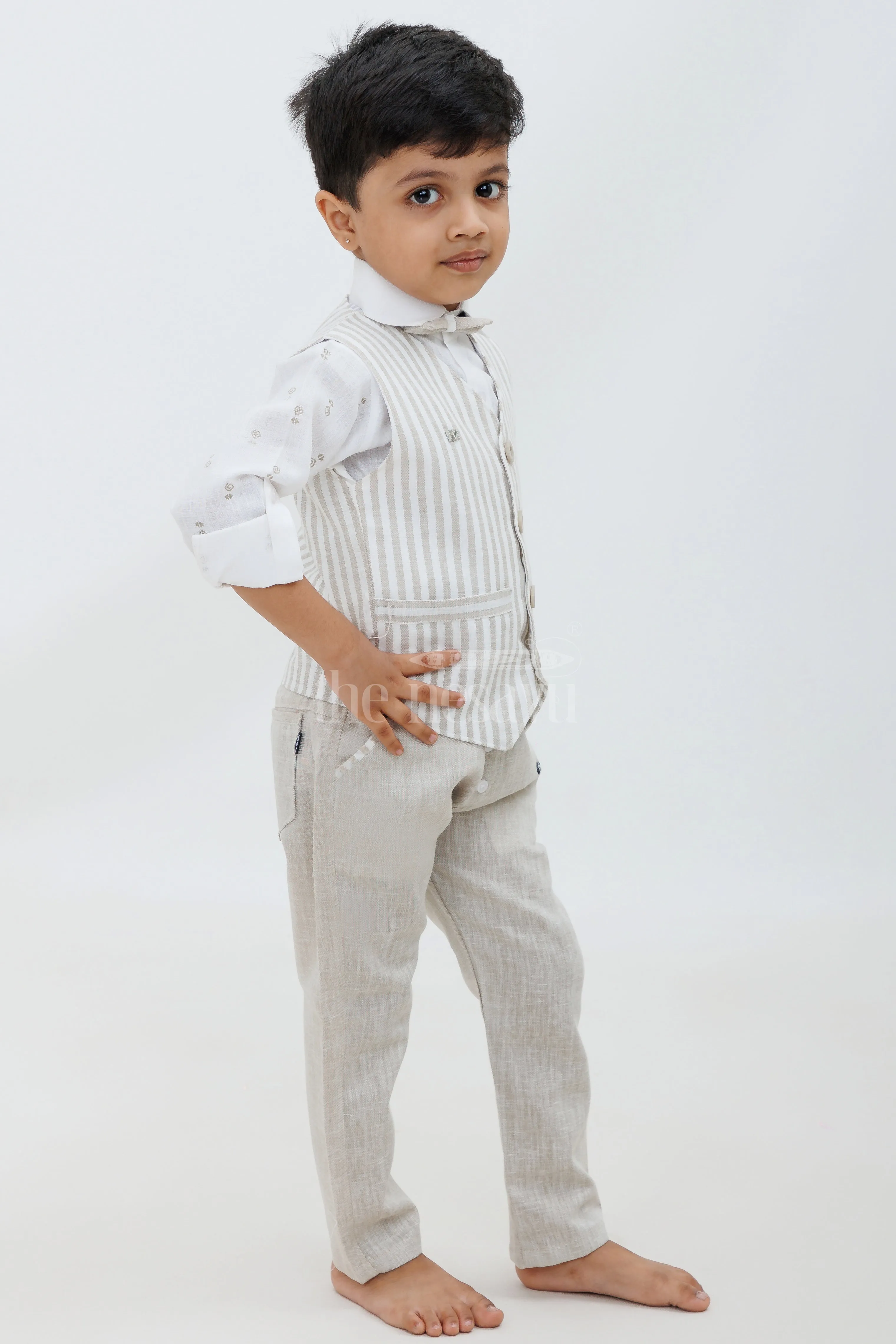 Beige Boys Waistcoat and Pant Set with Striped Shirt