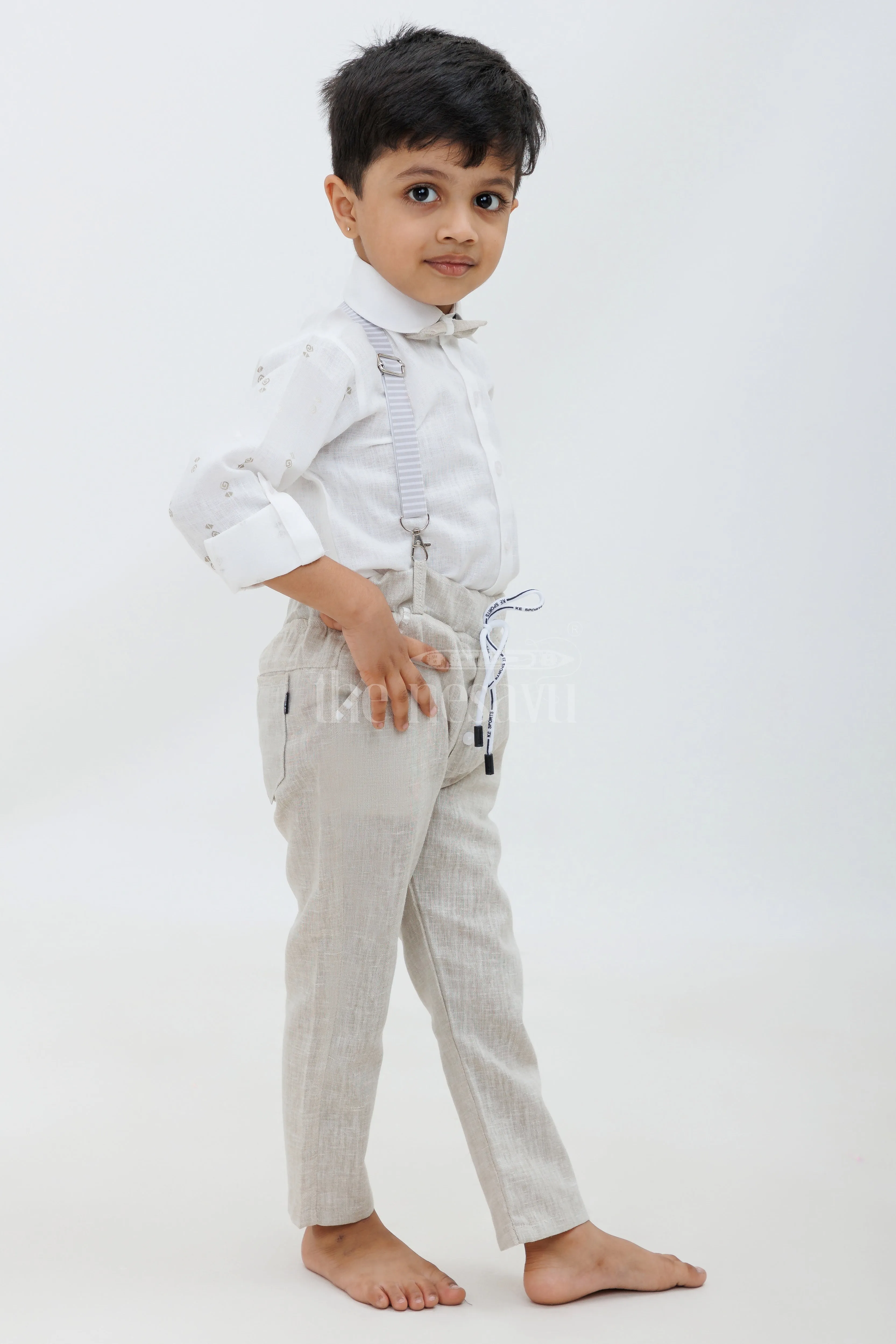 Beige Boys Waistcoat and Pant Set with Striped Shirt