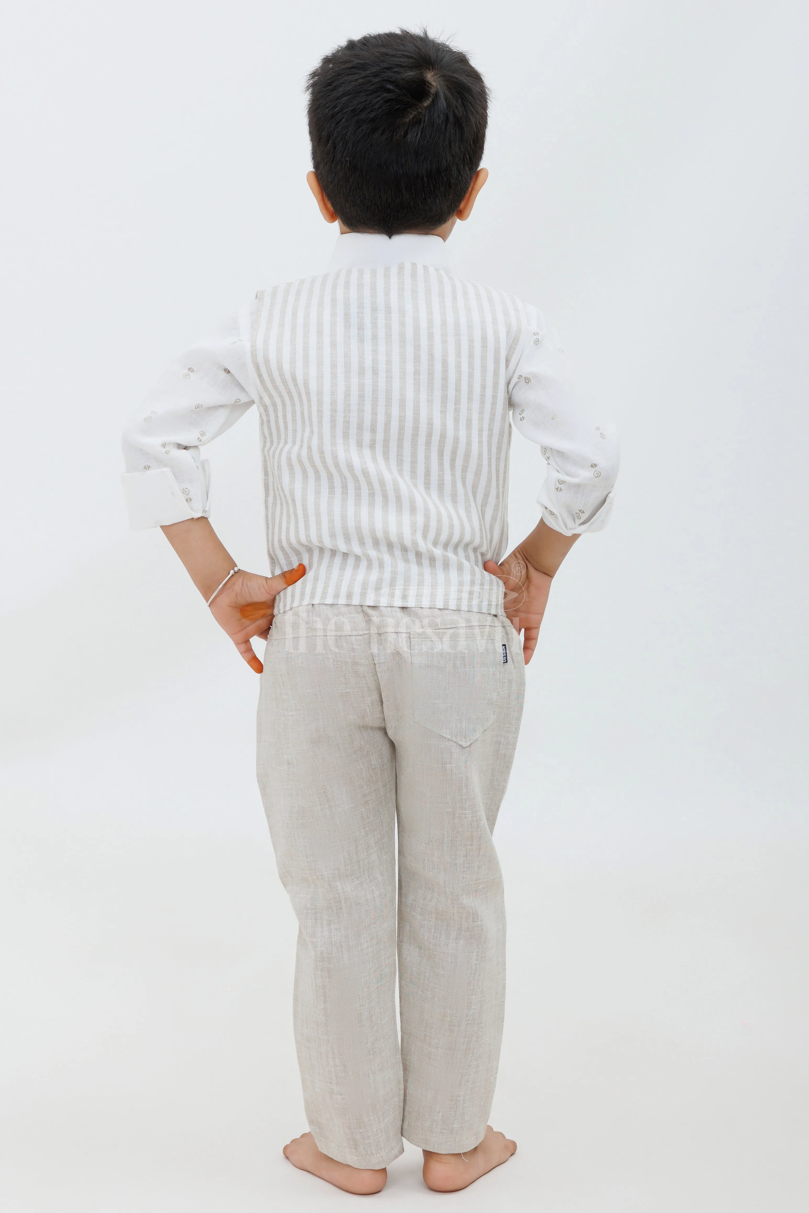 Beige Boys Waistcoat and Pant Set with Striped Shirt