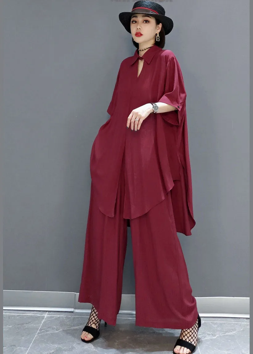 Boho Red Peter Pan Collar shirt wide leg pants Satin Two Pieces Set Spring