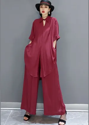 Boho Red Peter Pan Collar shirt wide leg pants Satin Two Pieces Set Spring