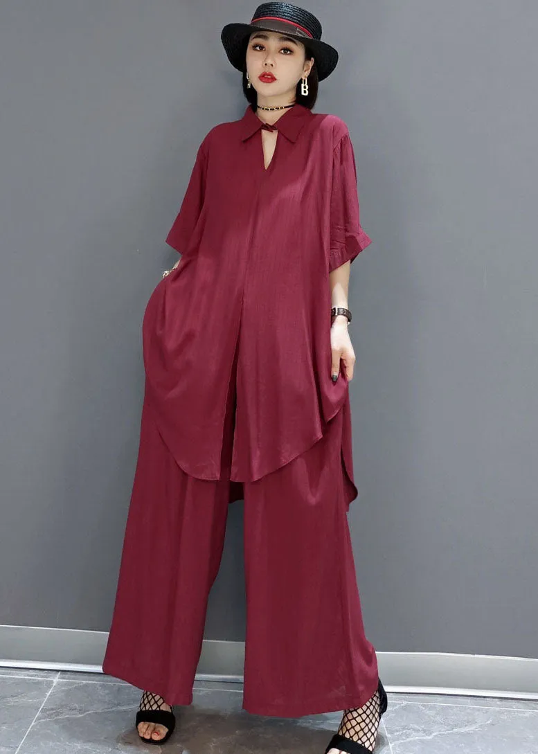 Boho Red Peter Pan Collar shirt wide leg pants Satin Two Pieces Set Spring
