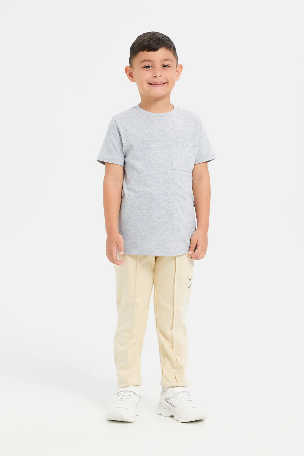 Boys Beige Printed Track Pants