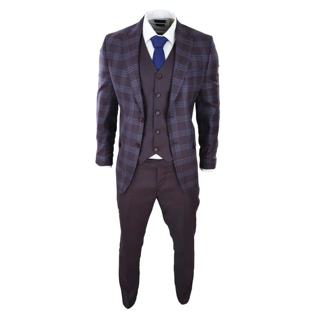 BR23-K21 - Men's 3 Piece Suit Purple Blue Check Contrasting Waistcoat Trouser Wedding