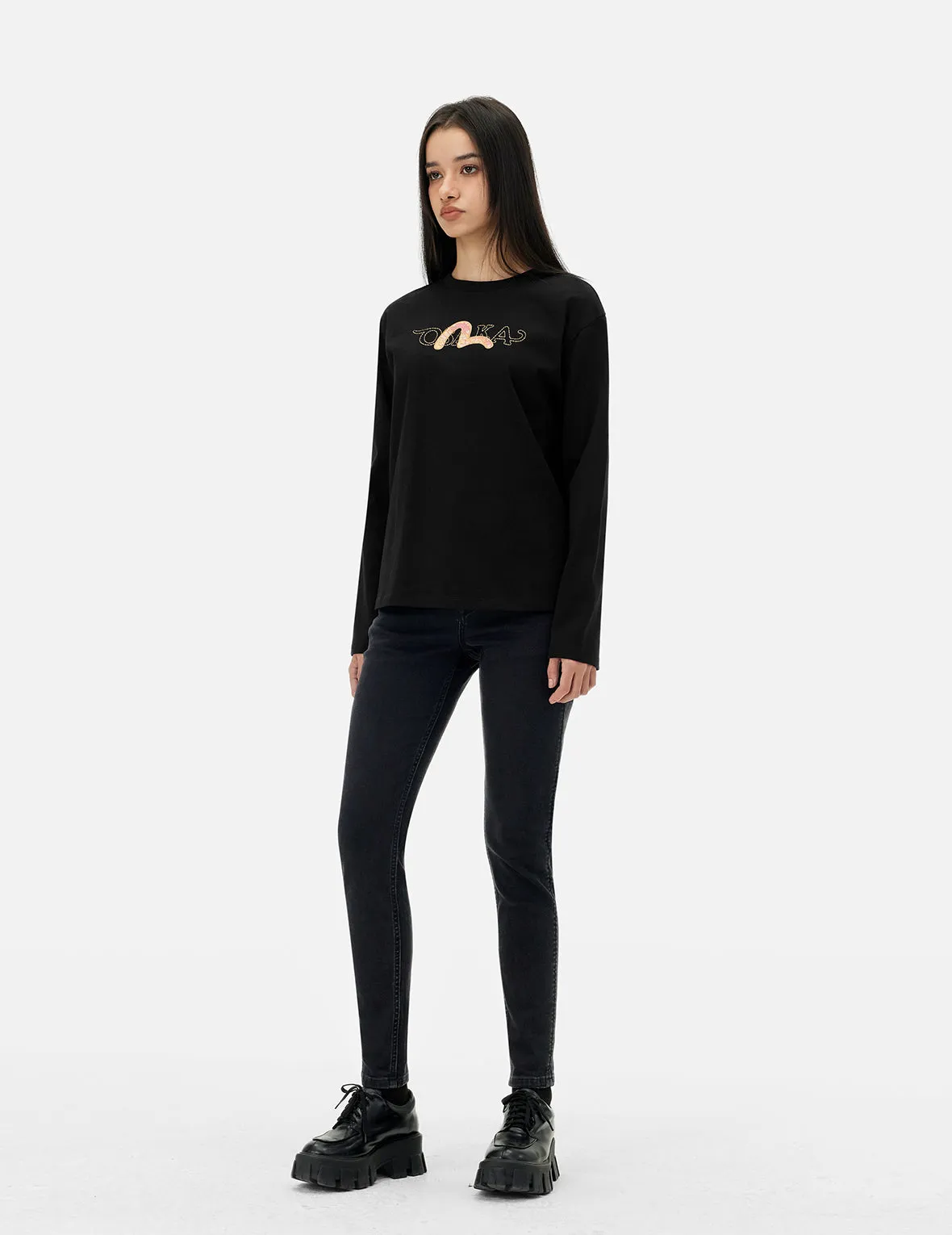 Brocade Inserted Seagull Skinny Jeans