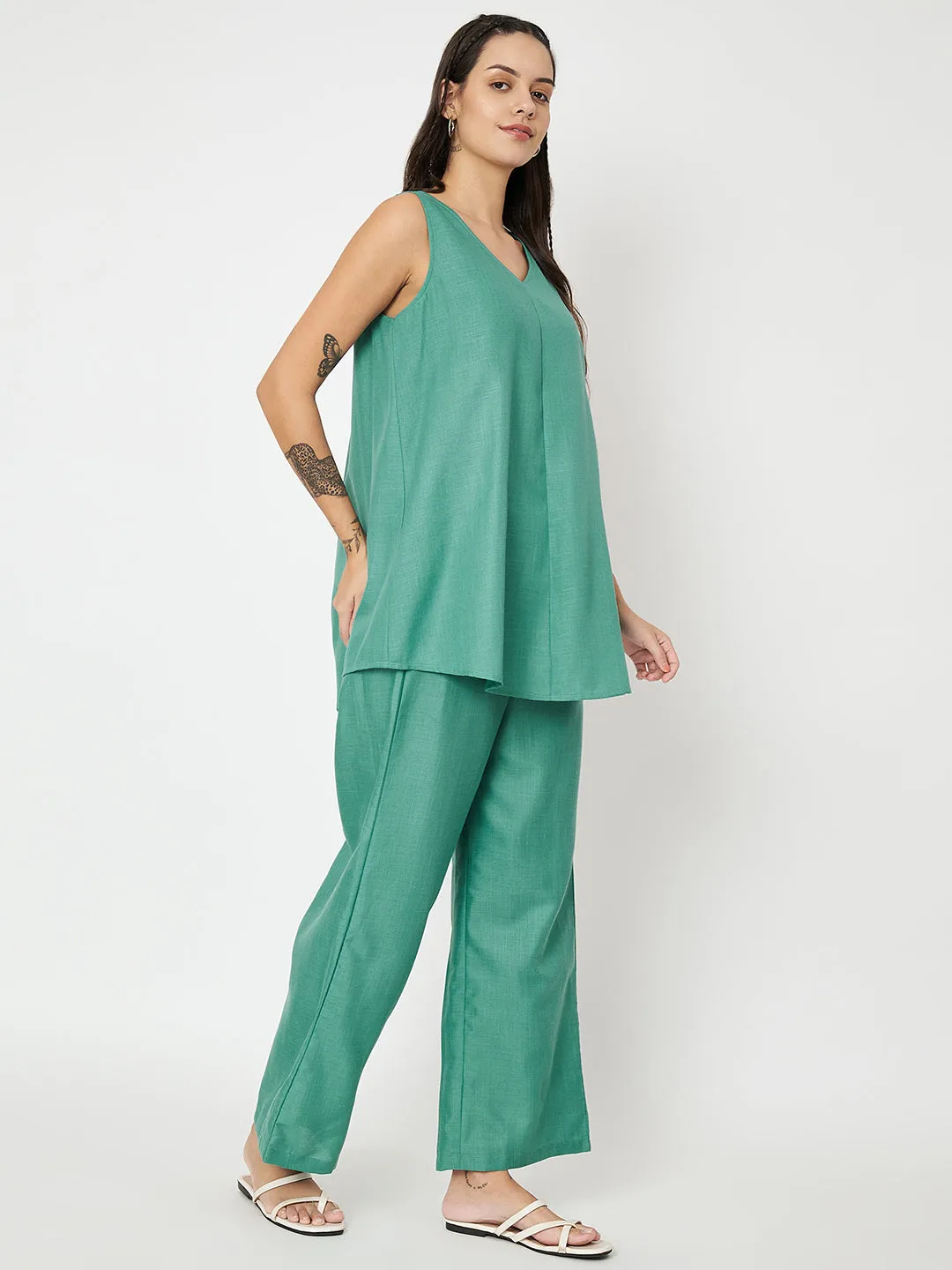 Cotton Solid V-Neck Tunic Co-ord