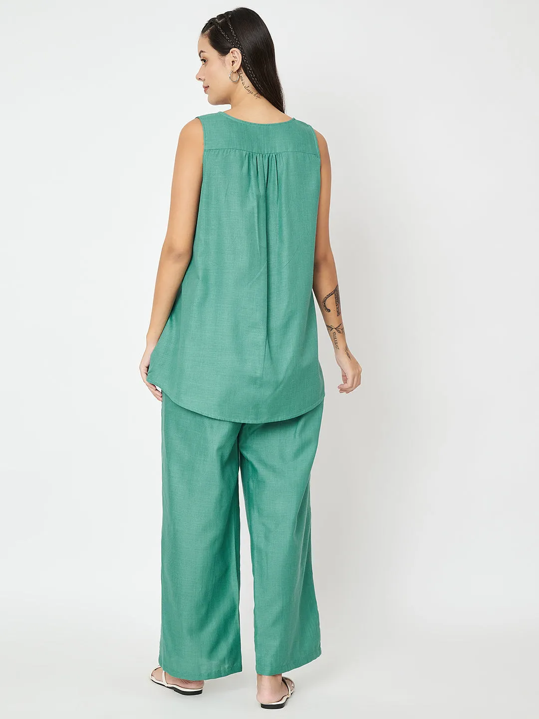 Cotton Solid V-Neck Tunic Co-ord