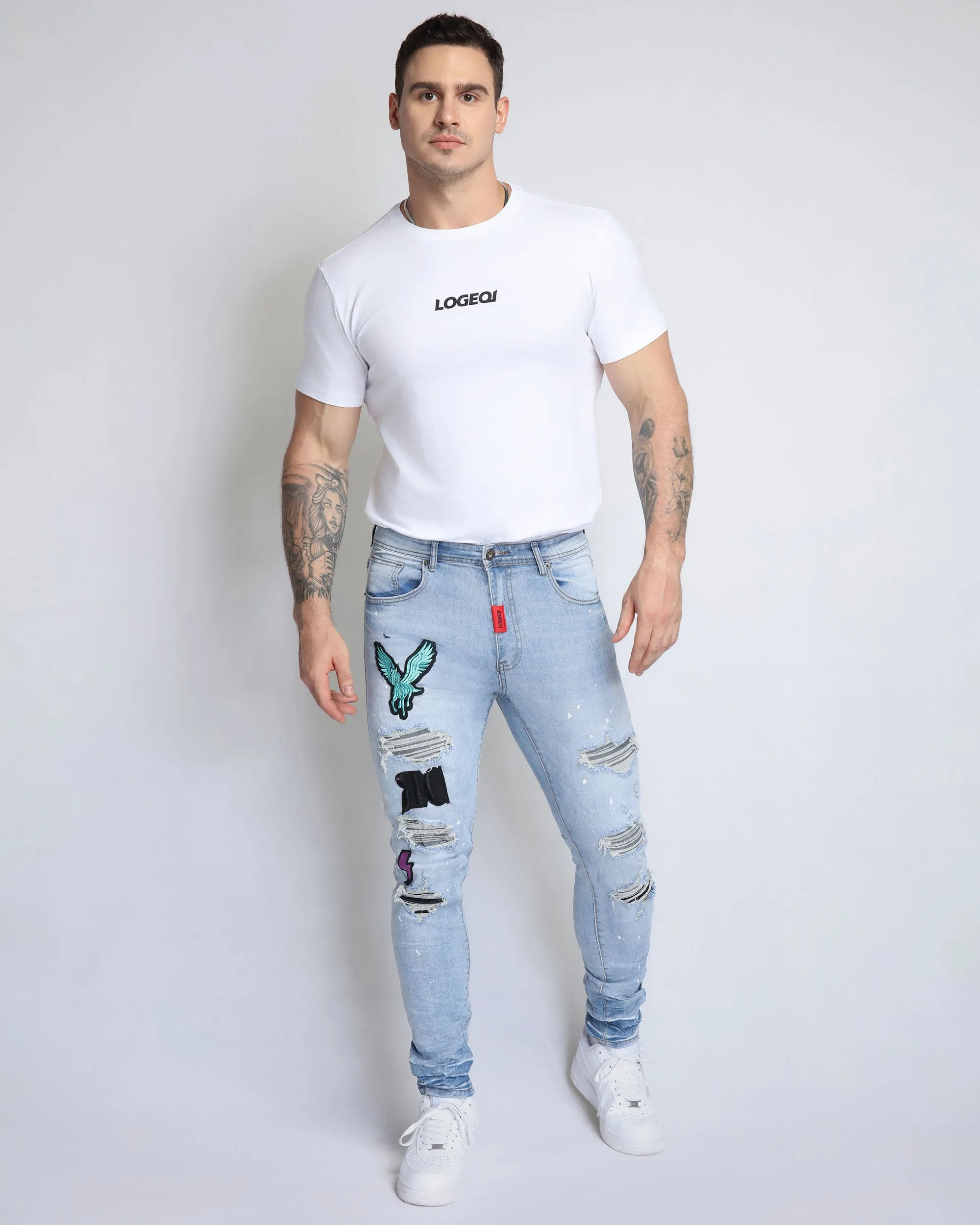 Distressed Blue Ripped Jeans with Exquisite Embroidery