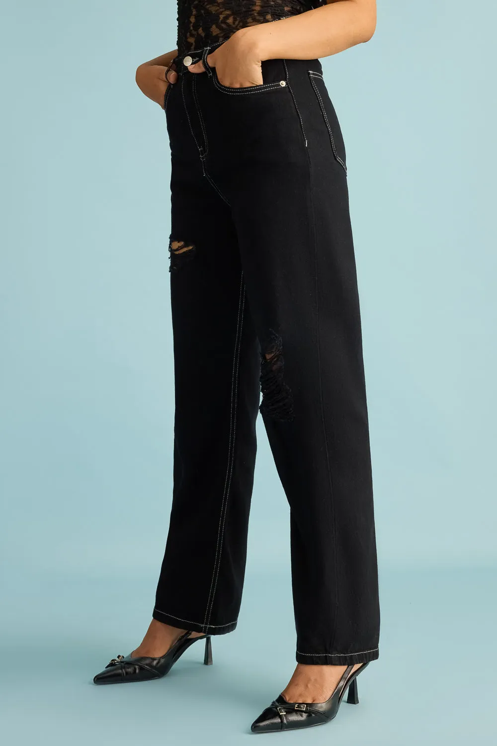 Ebony Distress Straight Jeans