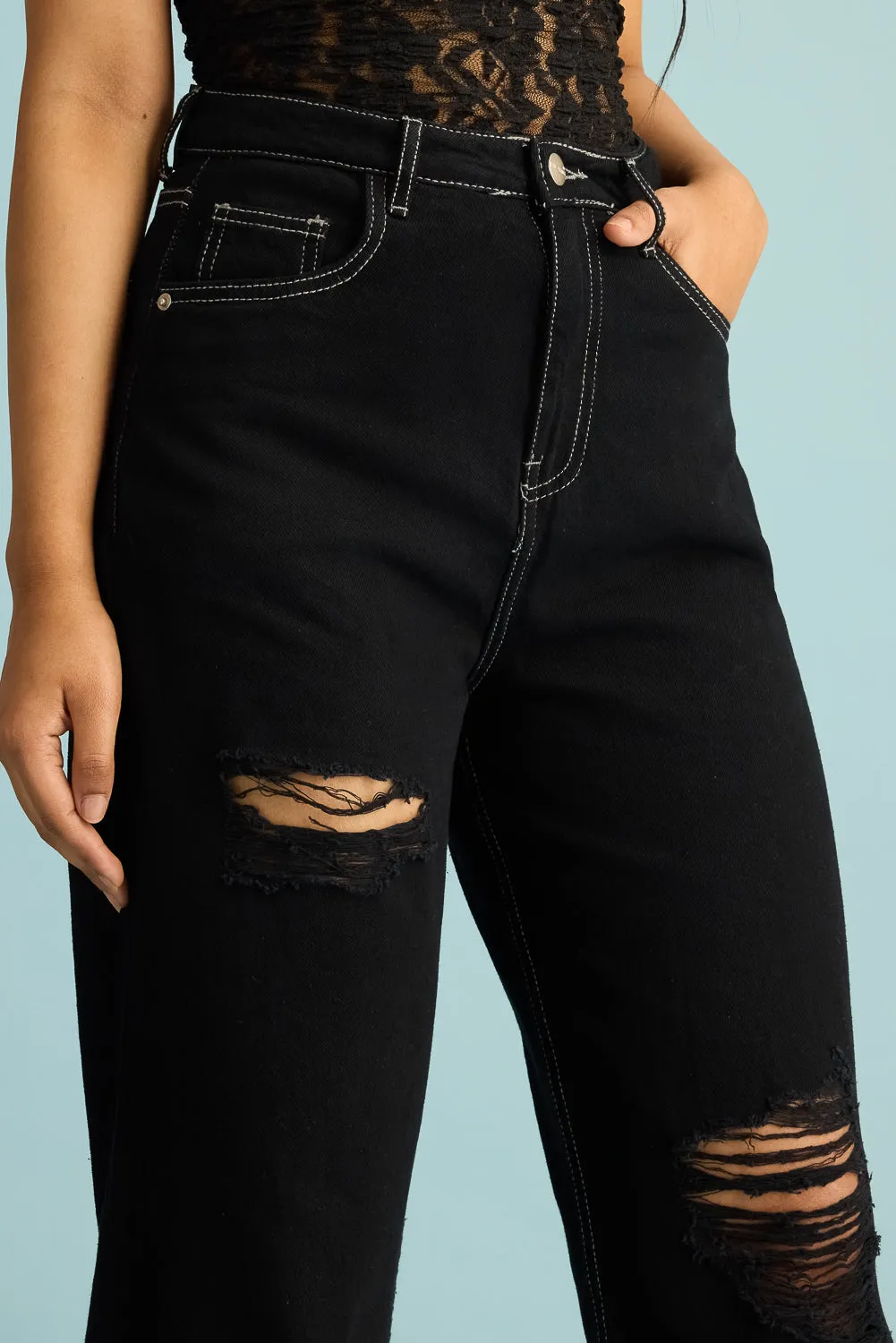 Ebony Distress Straight Jeans