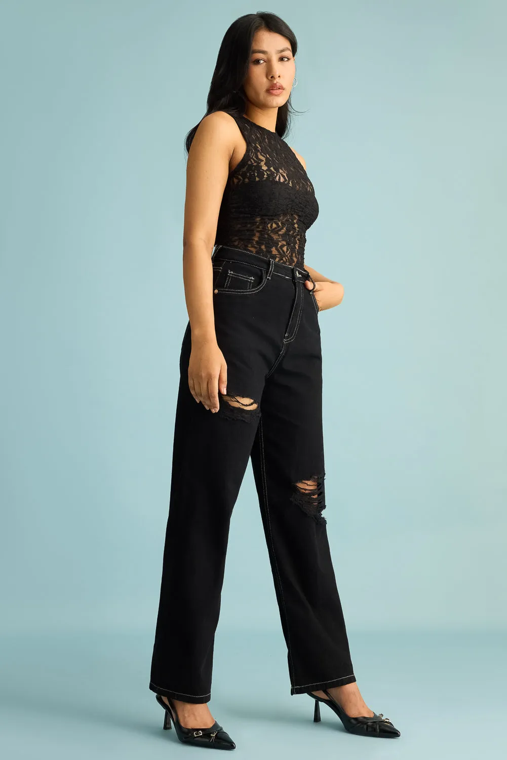 Ebony Distress Straight Jeans