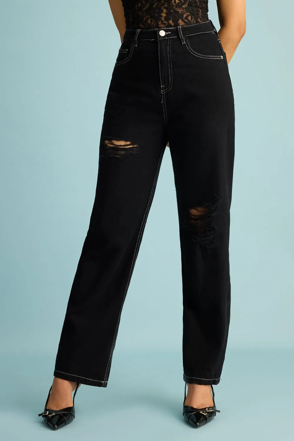 Ebony Distress Straight Jeans