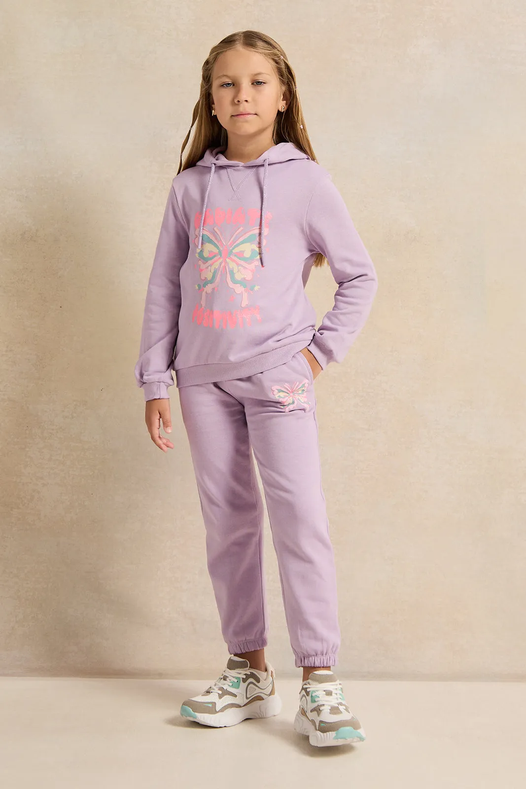 Girls Lilac Butterfly Printed Track Pants