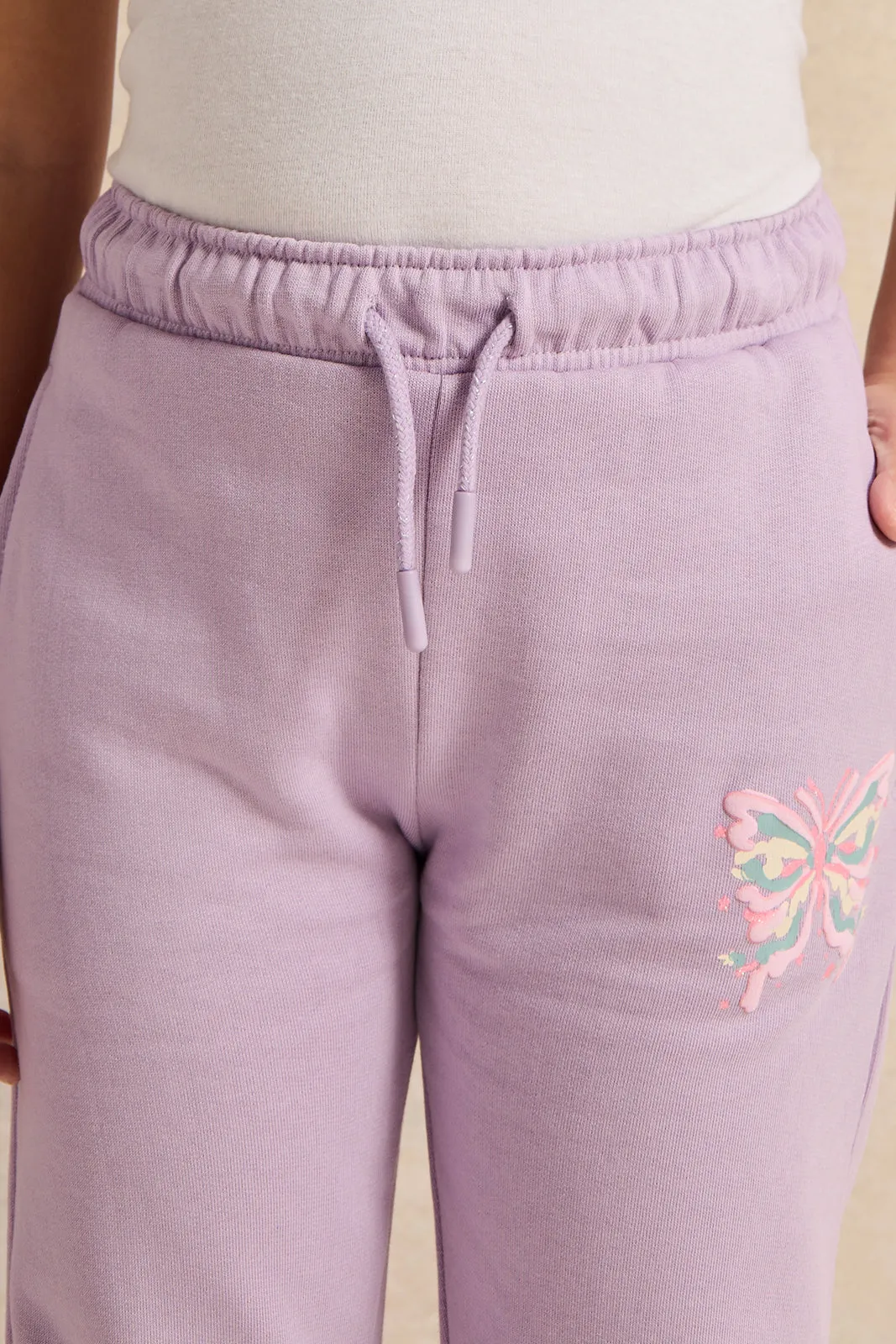 Girls Lilac Butterfly Printed Track Pants