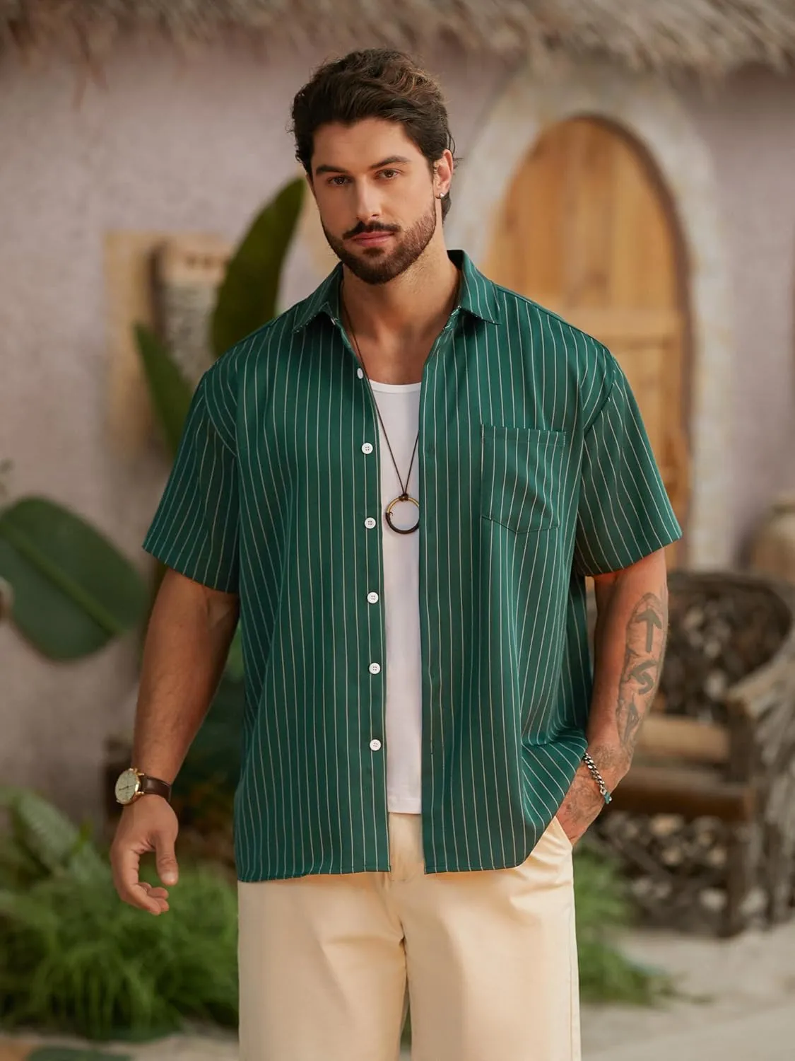 Hardaddy Men's Casual Striped Shirts Button Down Short Sleeve Blouse Summer Hawaiian Shirt