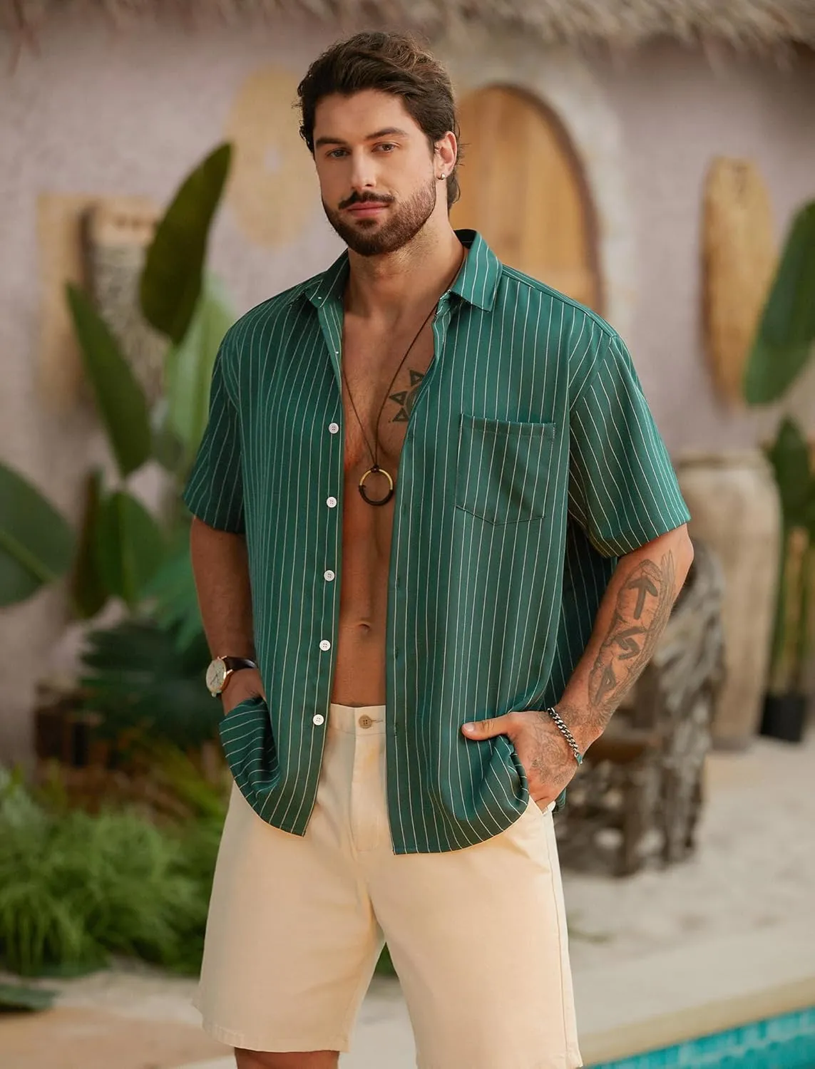 Hardaddy Men's Casual Striped Shirts Button Down Short Sleeve Blouse Summer Hawaiian Shirt