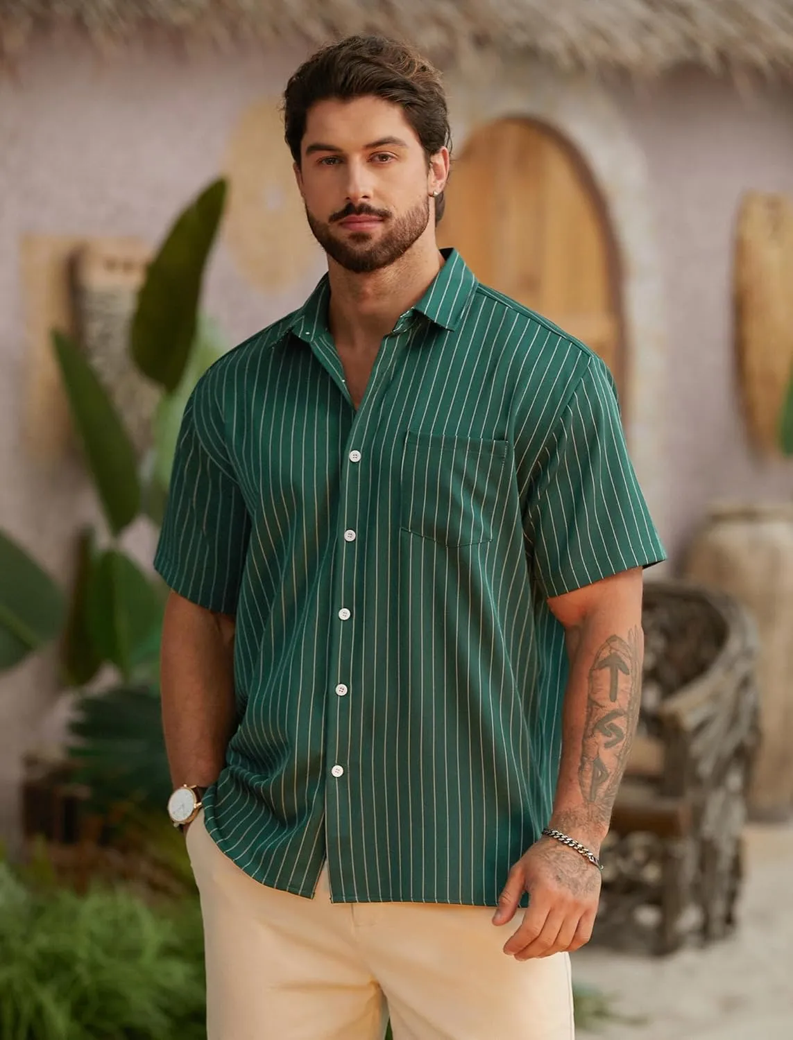 Hardaddy Men's Casual Striped Shirts Button Down Short Sleeve Blouse Summer Hawaiian Shirt