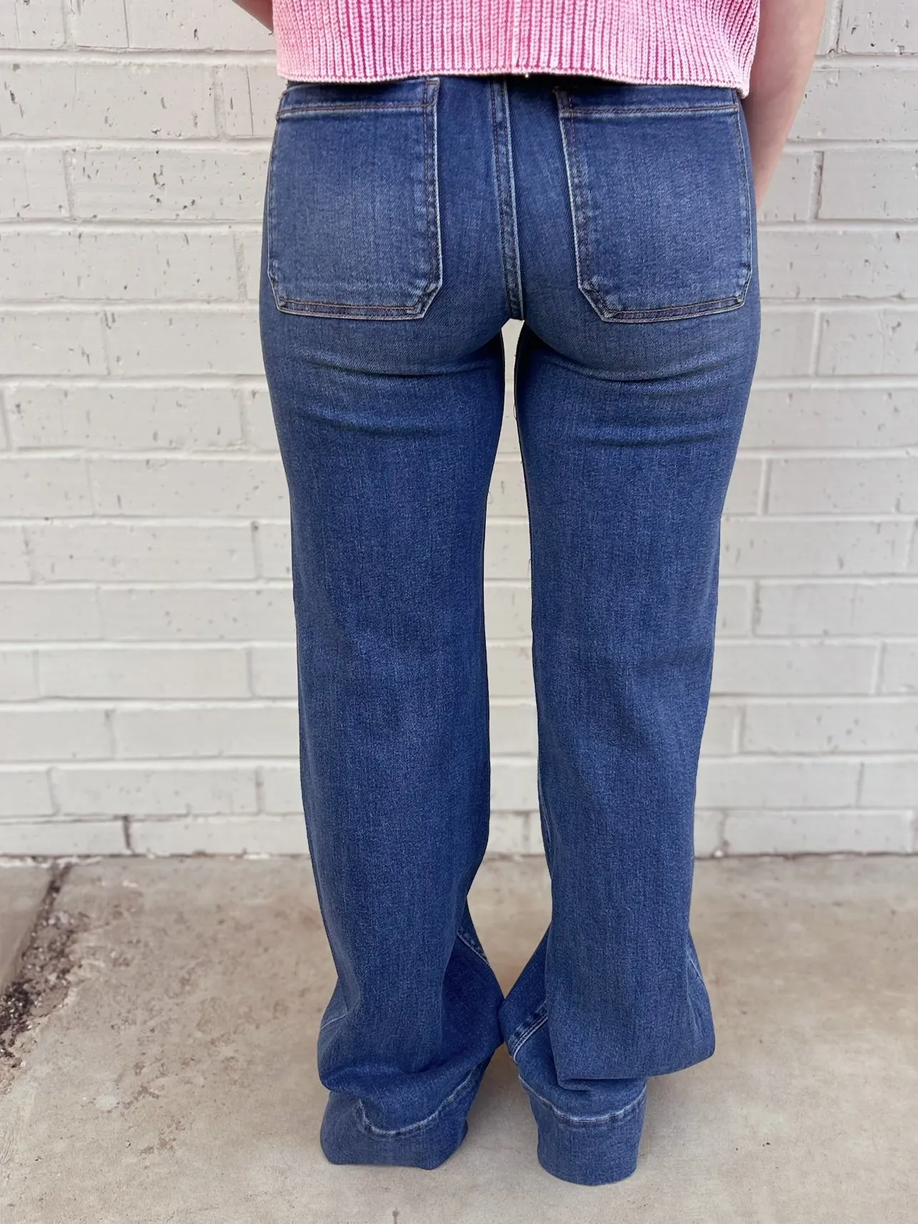 High Rise Wide Flare Patch Pocket Jeans