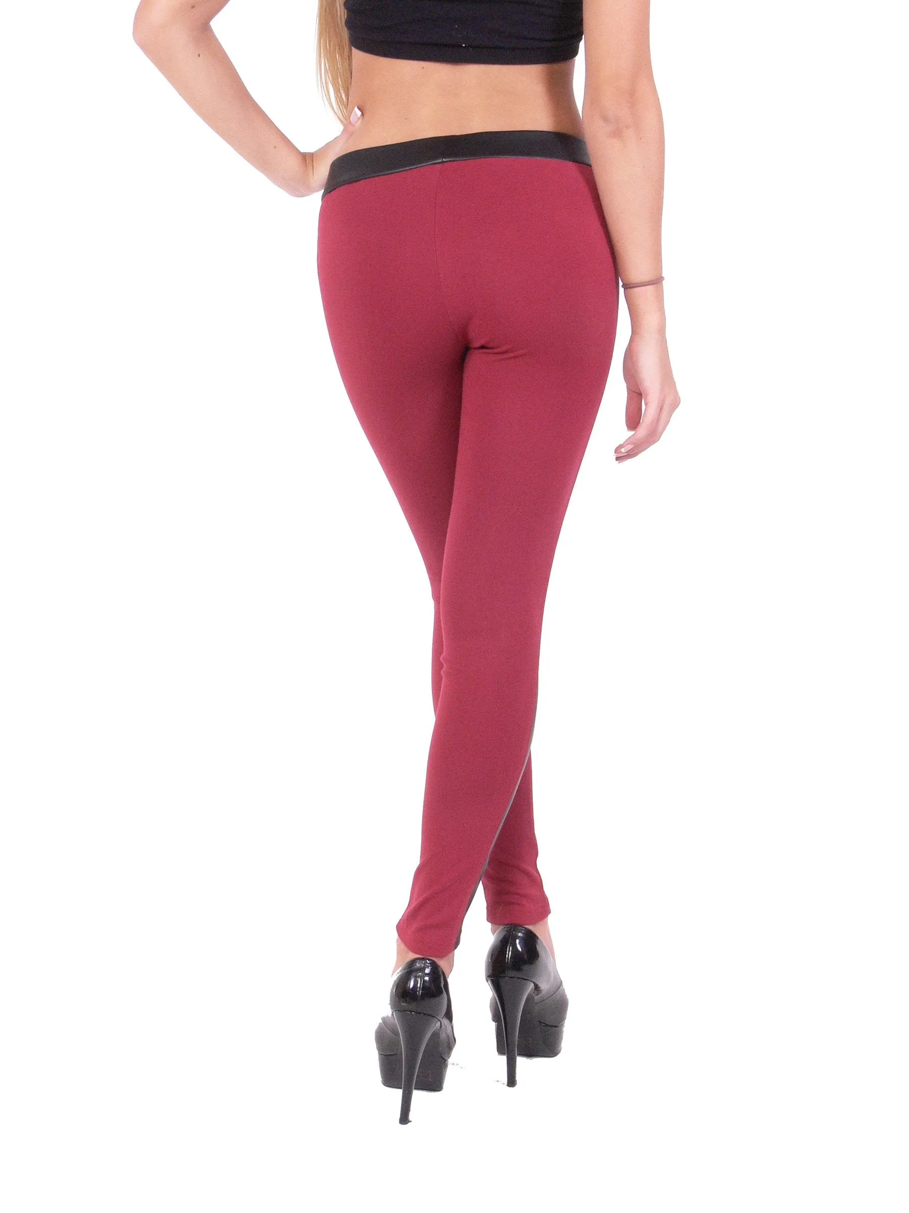 Hollywood Star Fashion Women's Leather Side Strip Full Length Stretch Leggings