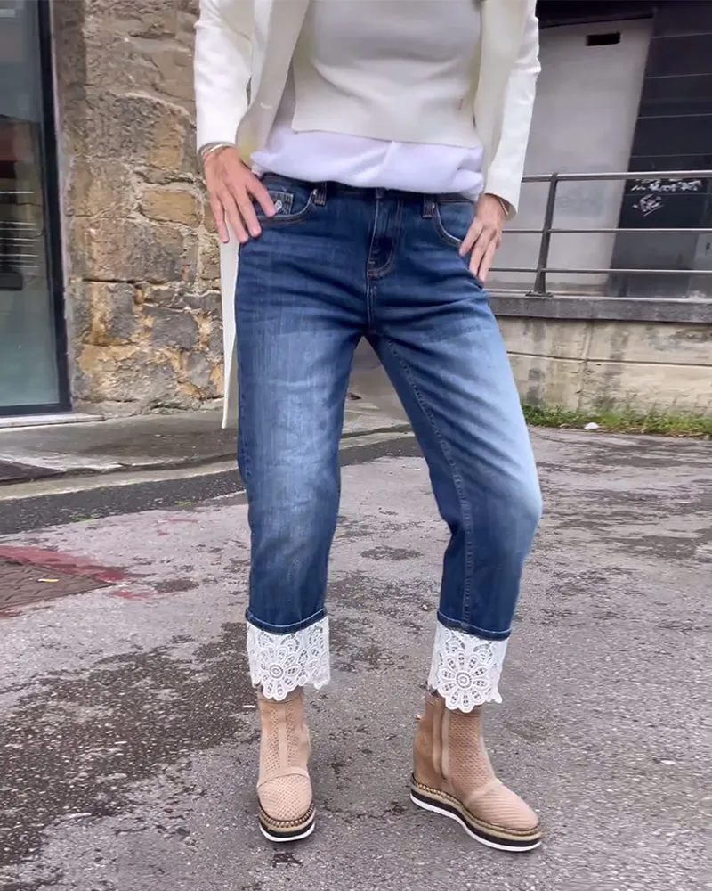 Lace panel casual jeans
