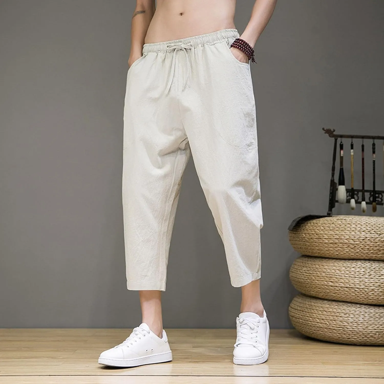Linen Pants Men Loose Fit Classic Flat Front Chino Pants Casual Lightweight Straight Leg Summer Beach Trousers
