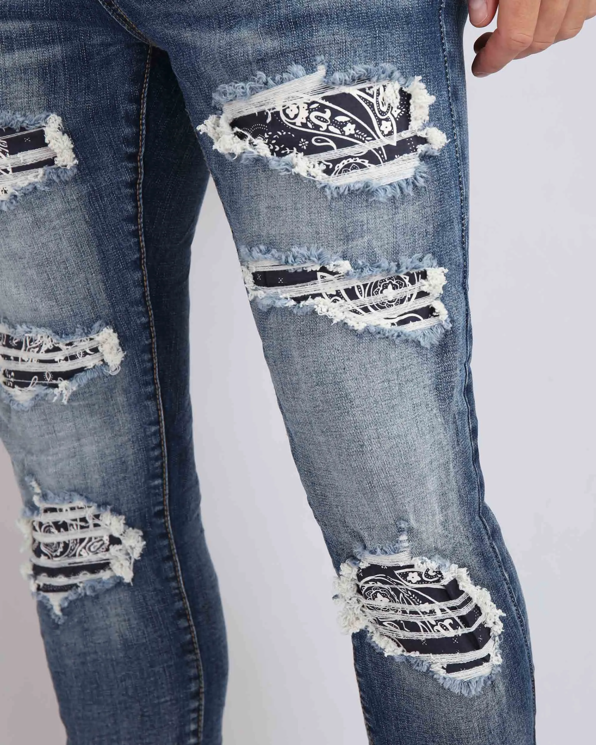 Medium Wash Ripped Blue Jeans with Cashew Flower Patch-Mexico Local Delivery