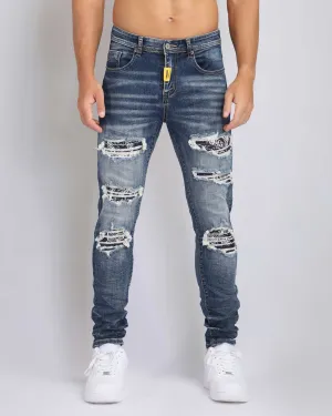 Medium Wash Ripped Blue Jeans with Cashew Flower Patch-Mexico Local Delivery