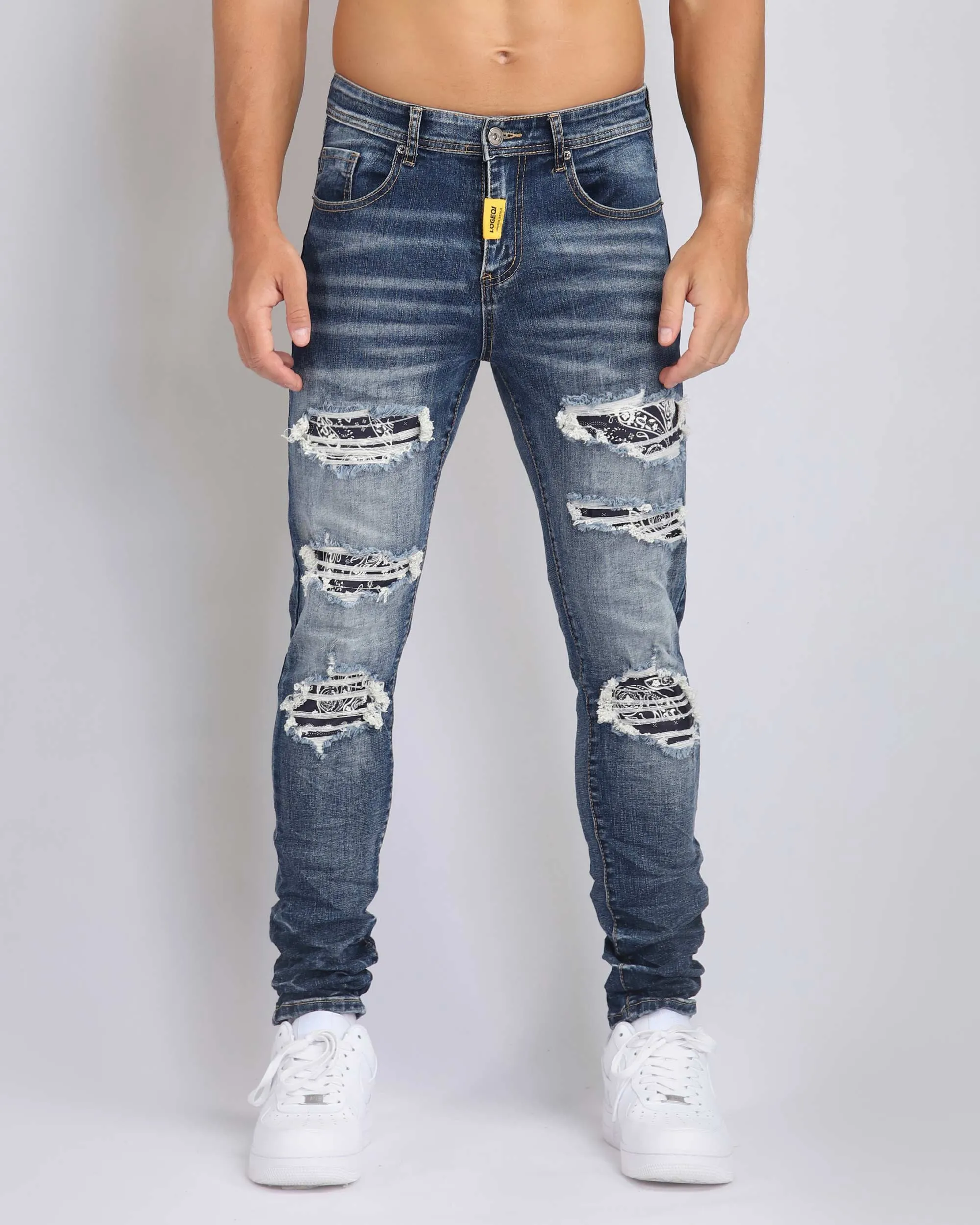 Medium Wash Ripped Blue Jeans with Cashew Flower Patch-Mexico Local Delivery
