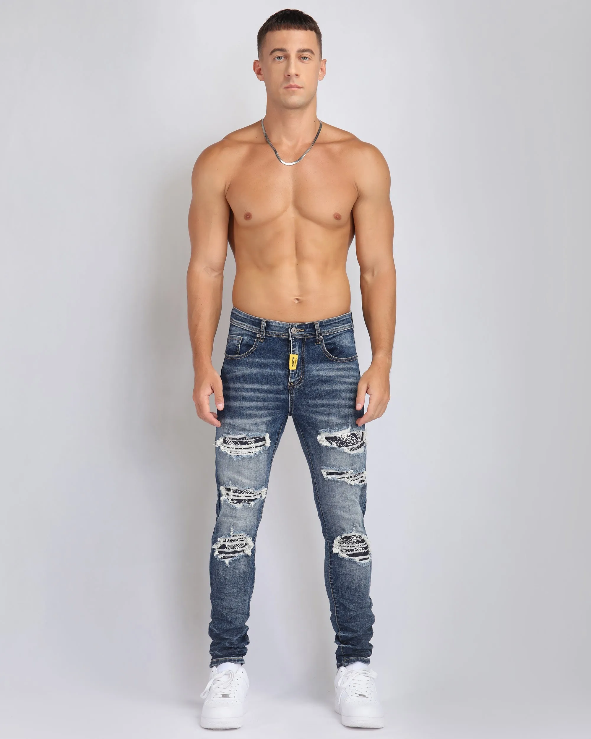 Medium Wash Ripped Blue Jeans with Cashew Flower Patch-Mexico Local Delivery