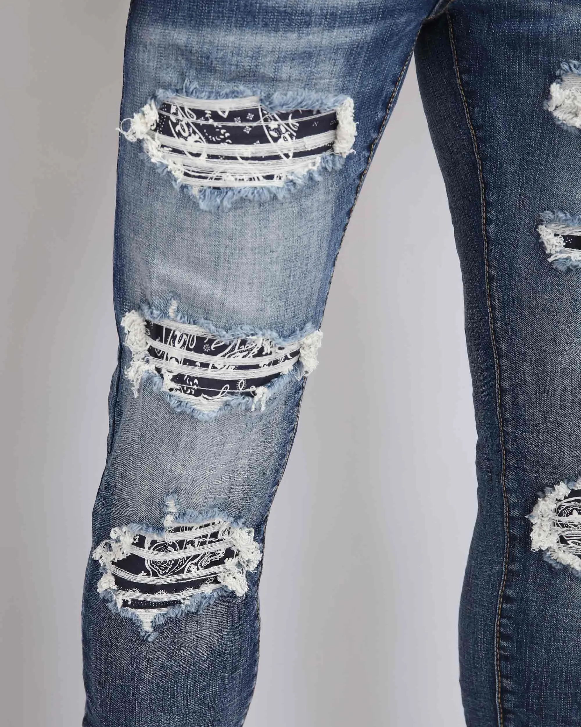 Medium Wash Ripped Blue Jeans with Cashew Flower Patch-Mexico Local Delivery
