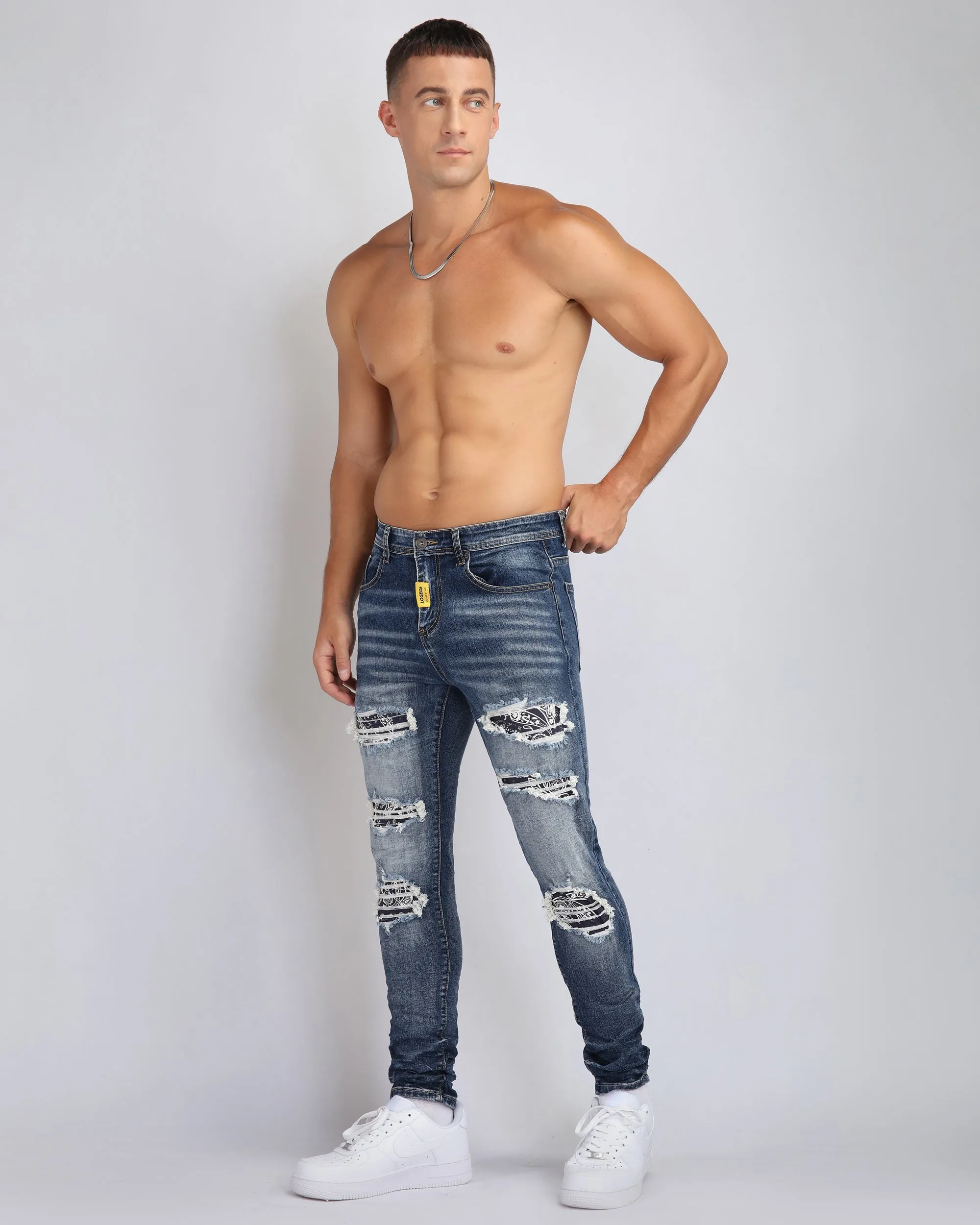 Medium Wash Ripped Blue Jeans with Cashew Flower Patch-Mexico Local Delivery