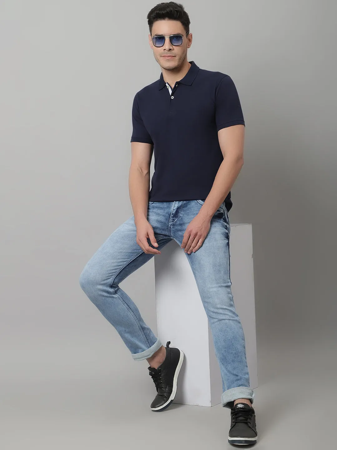Men Navy Blue Casual Half Sleeves Polo Neck T-Shirt