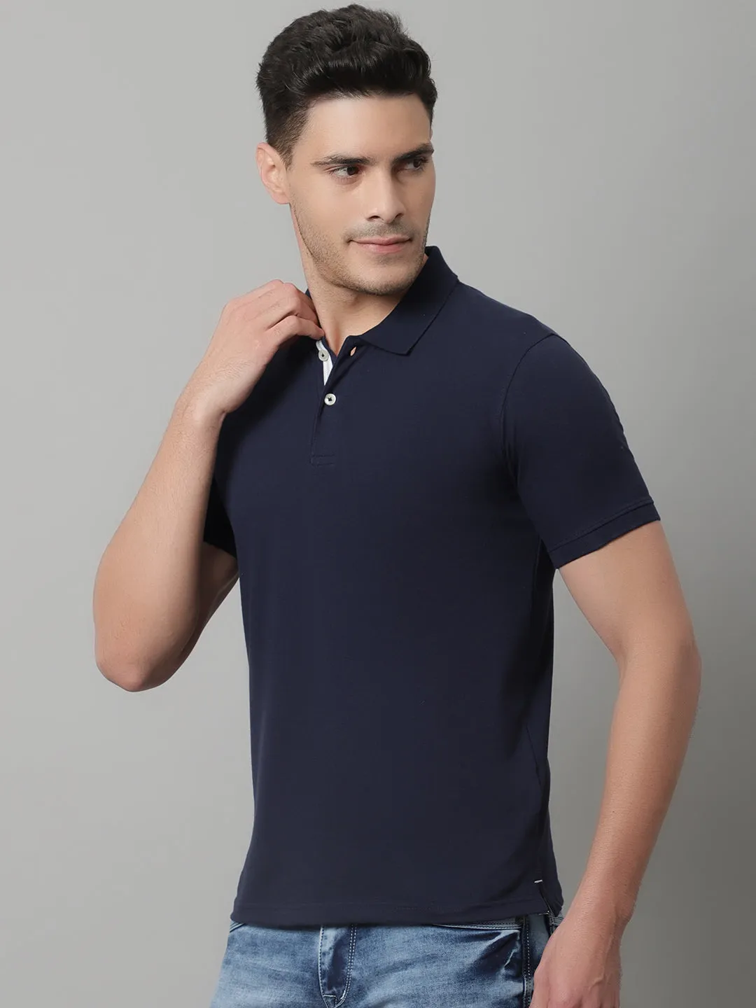 Men Navy Blue Casual Half Sleeves Polo Neck T-Shirt
