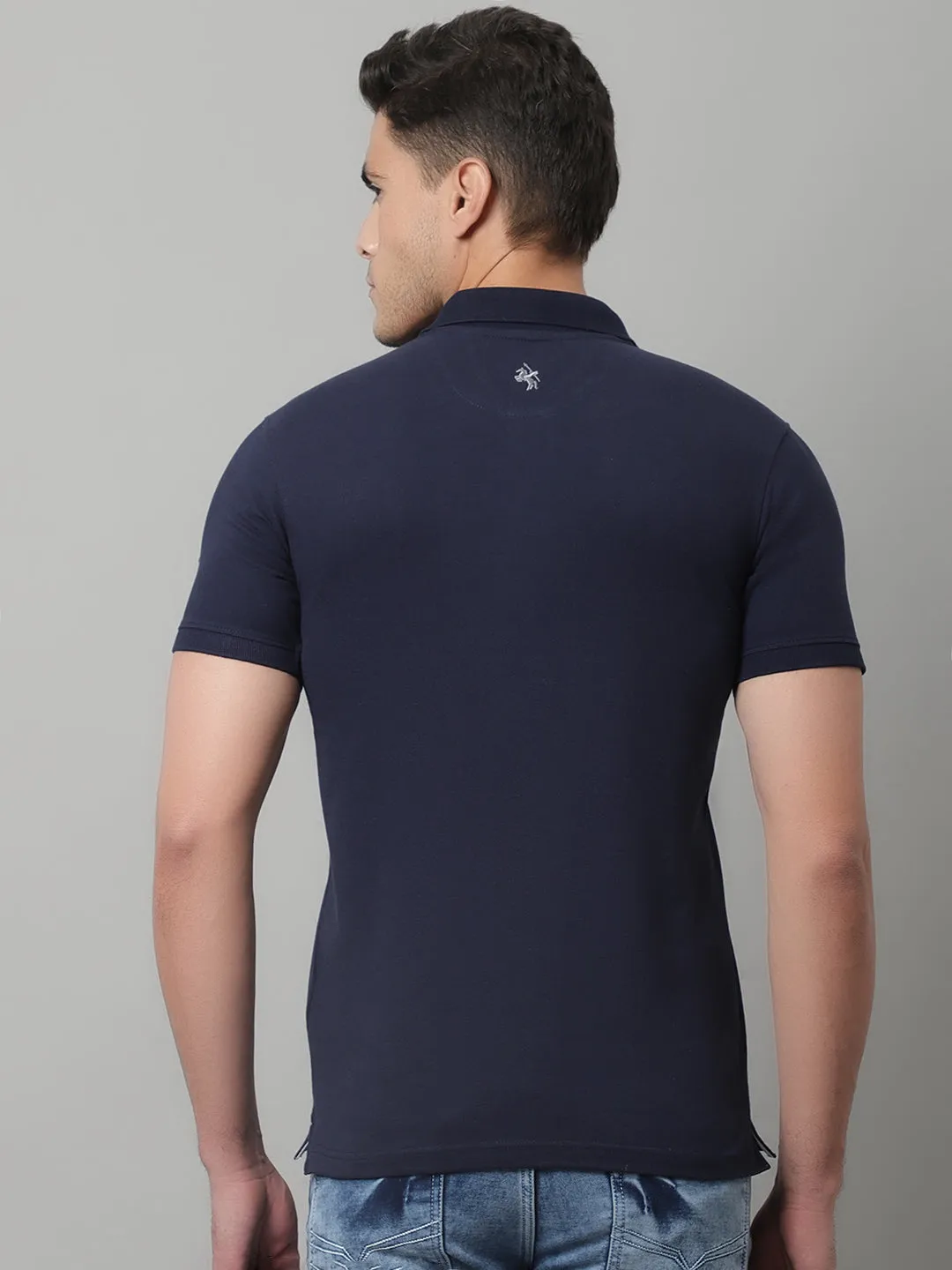 Men Navy Blue Casual Half Sleeves Polo Neck T-Shirt