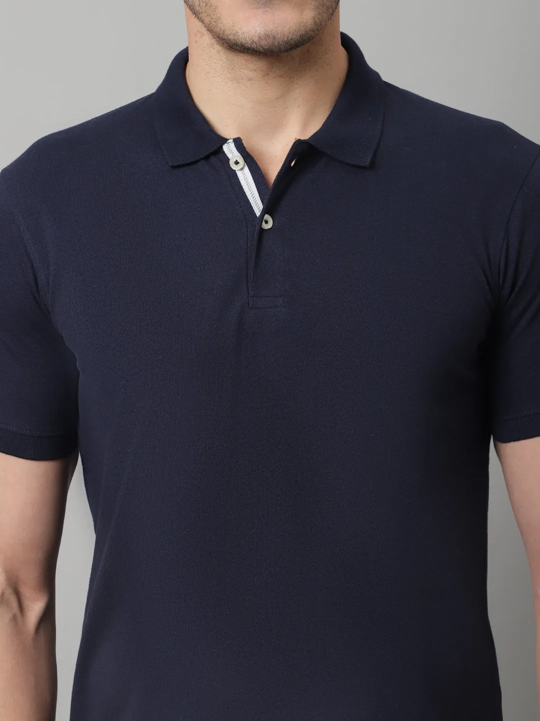 Men Navy Blue Casual Half Sleeves Polo Neck T-Shirt