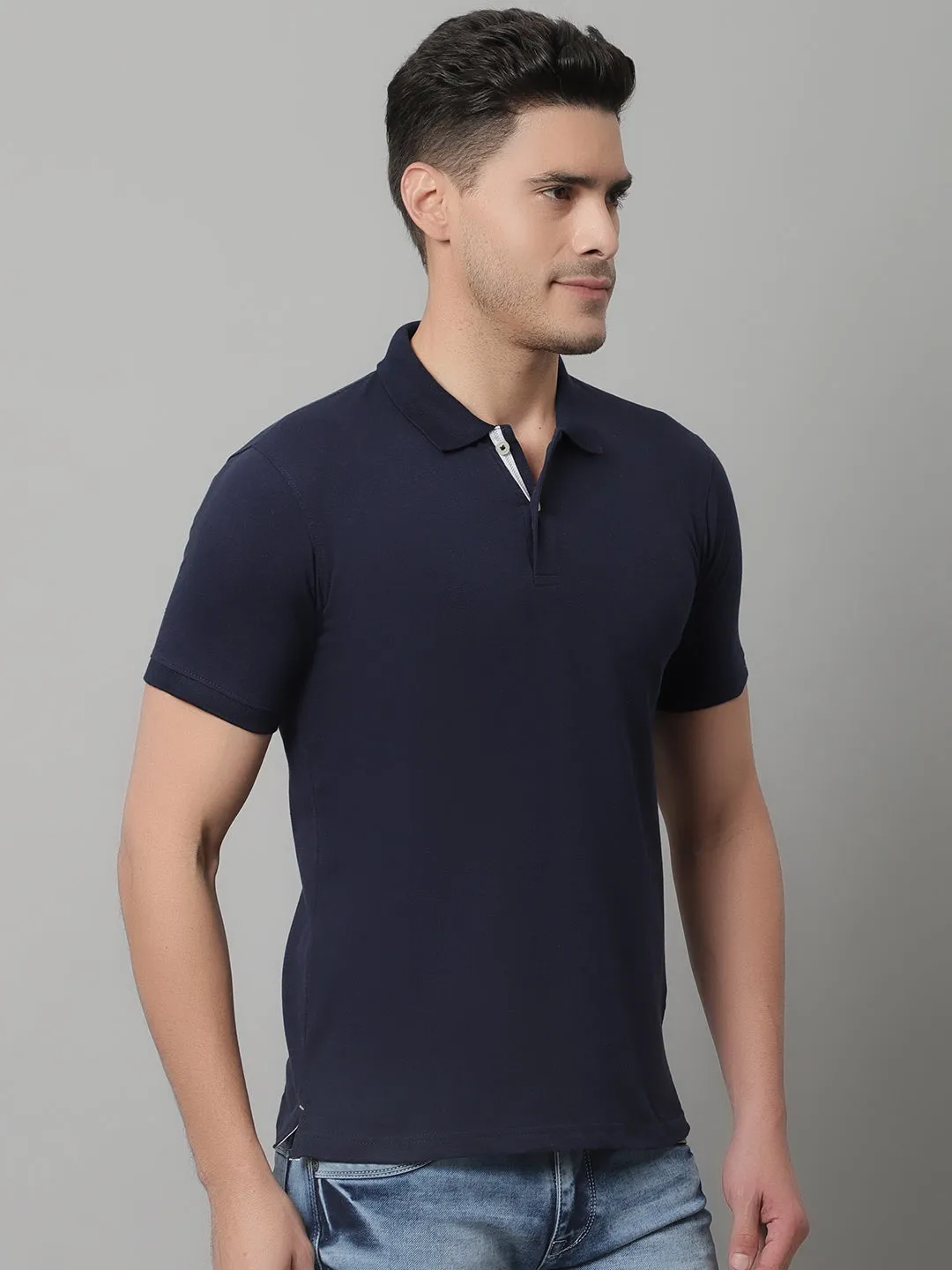 Men Navy Blue Casual Half Sleeves Polo Neck T-Shirt