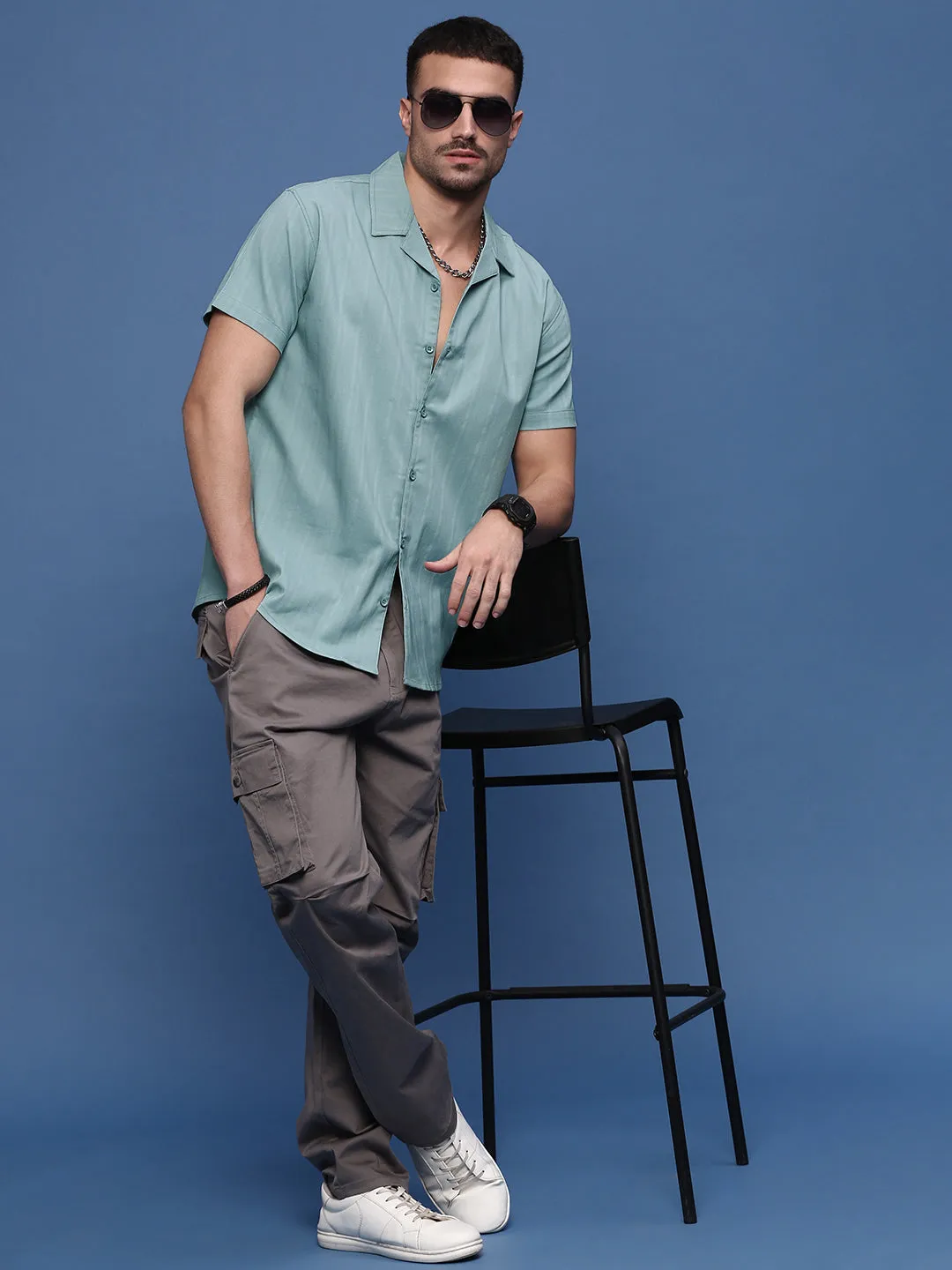 Men Turquoise Blue Solid Cuban Collar Shirt