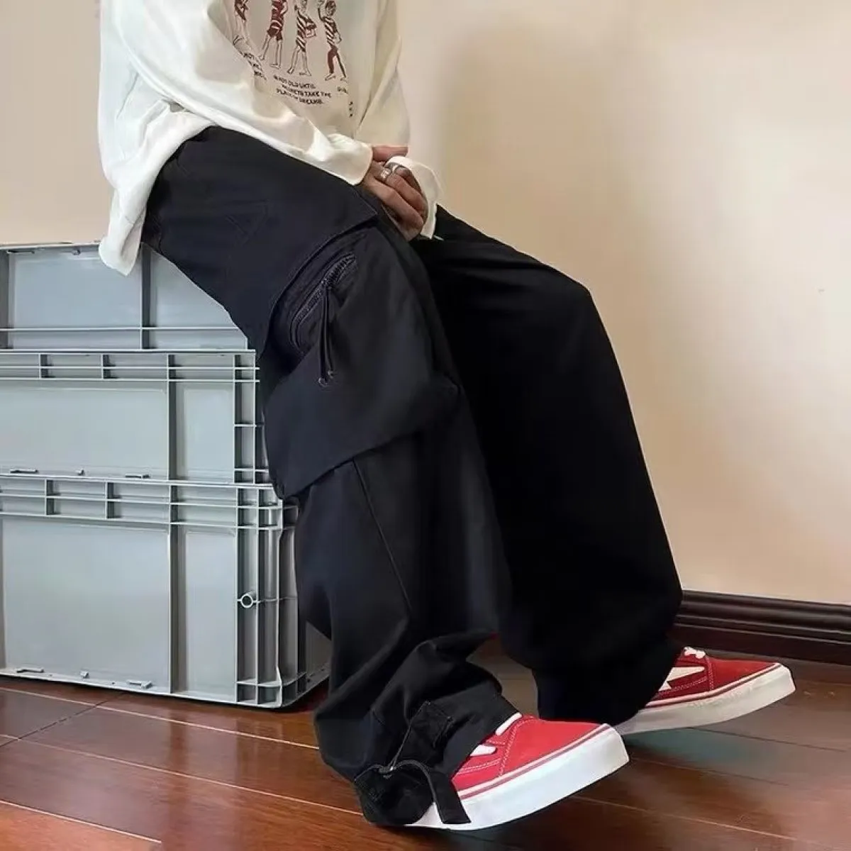 Men's Casual Black Cargo Baggy Pants with Pockets | Ideal for Spring