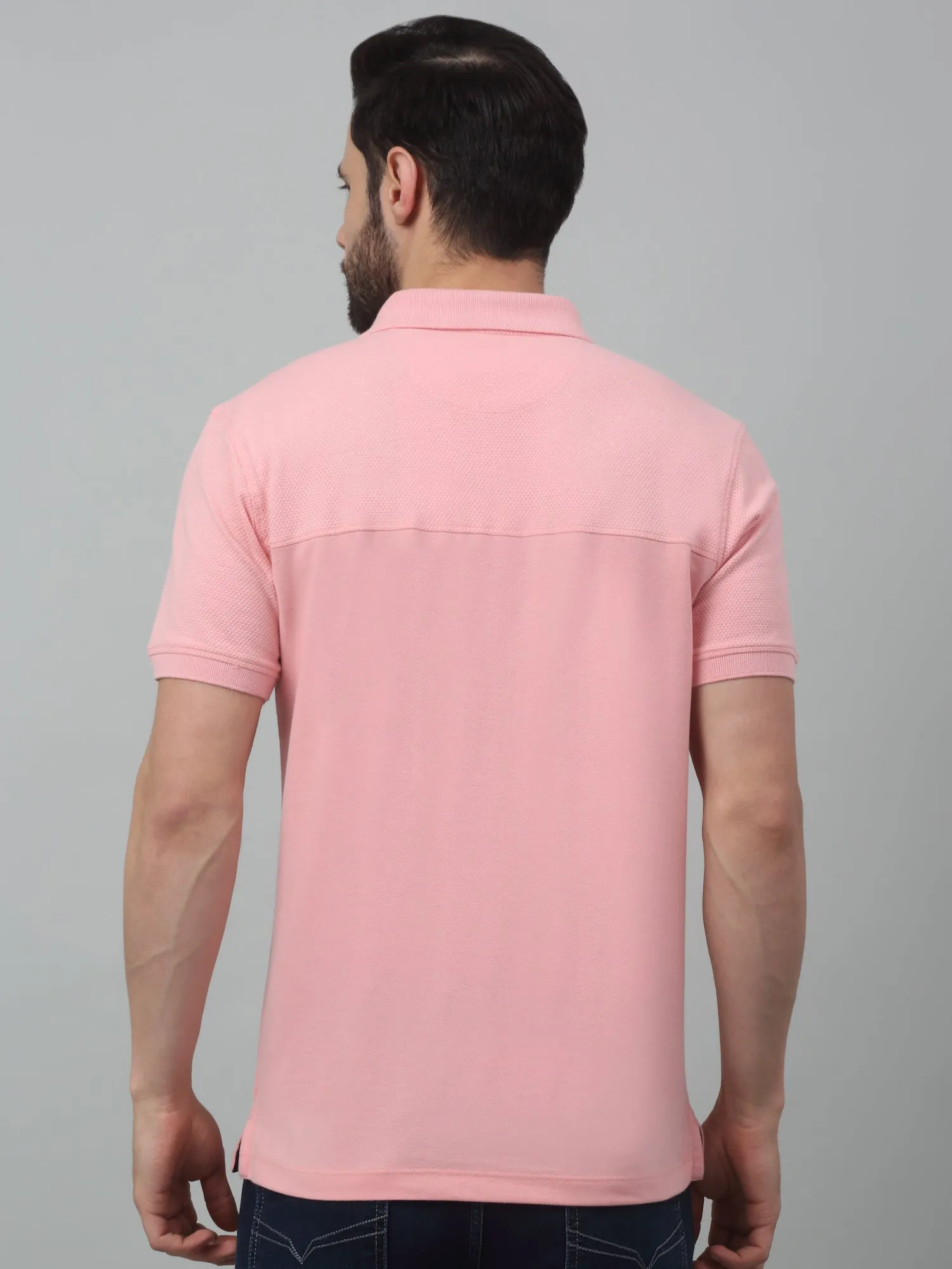 Men's Light Pink Polo neck Half Sleeve T-Shirt with cut n sew